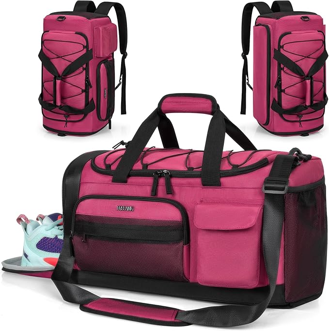 Gym Bag for Women & Men, Sports Travel Duffle Bag with Shoe Compartment, Anti-Theft Carry On Weekender Bag, Water Resistant Overnight Backpack for Airplane, Gym, Travel (Pink Black)