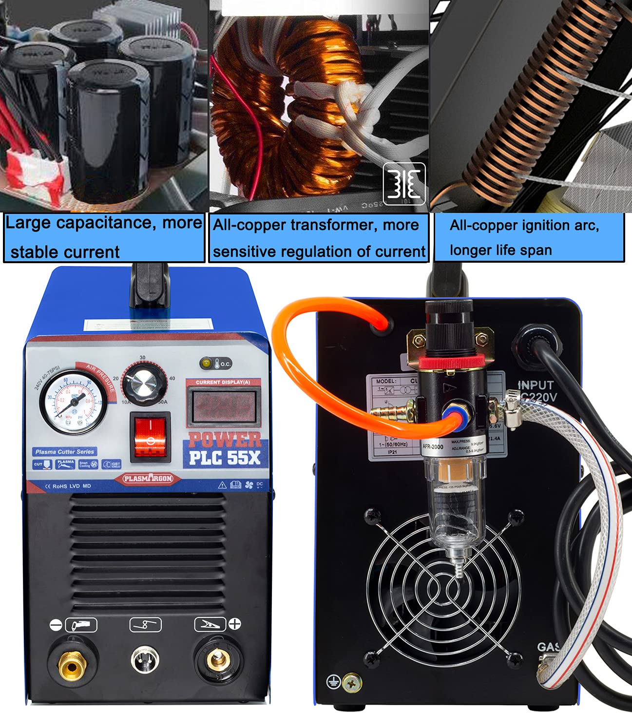 Plasma Cutter 55Amp PLC55 Dual Voltage Plasma Cutting Equipment 110V / 220V, IGBT DC Inverter Portable Air Plasma Cutter Machine 1/2 Inch Clean Cut Intelligent Digital Display (110/220V)