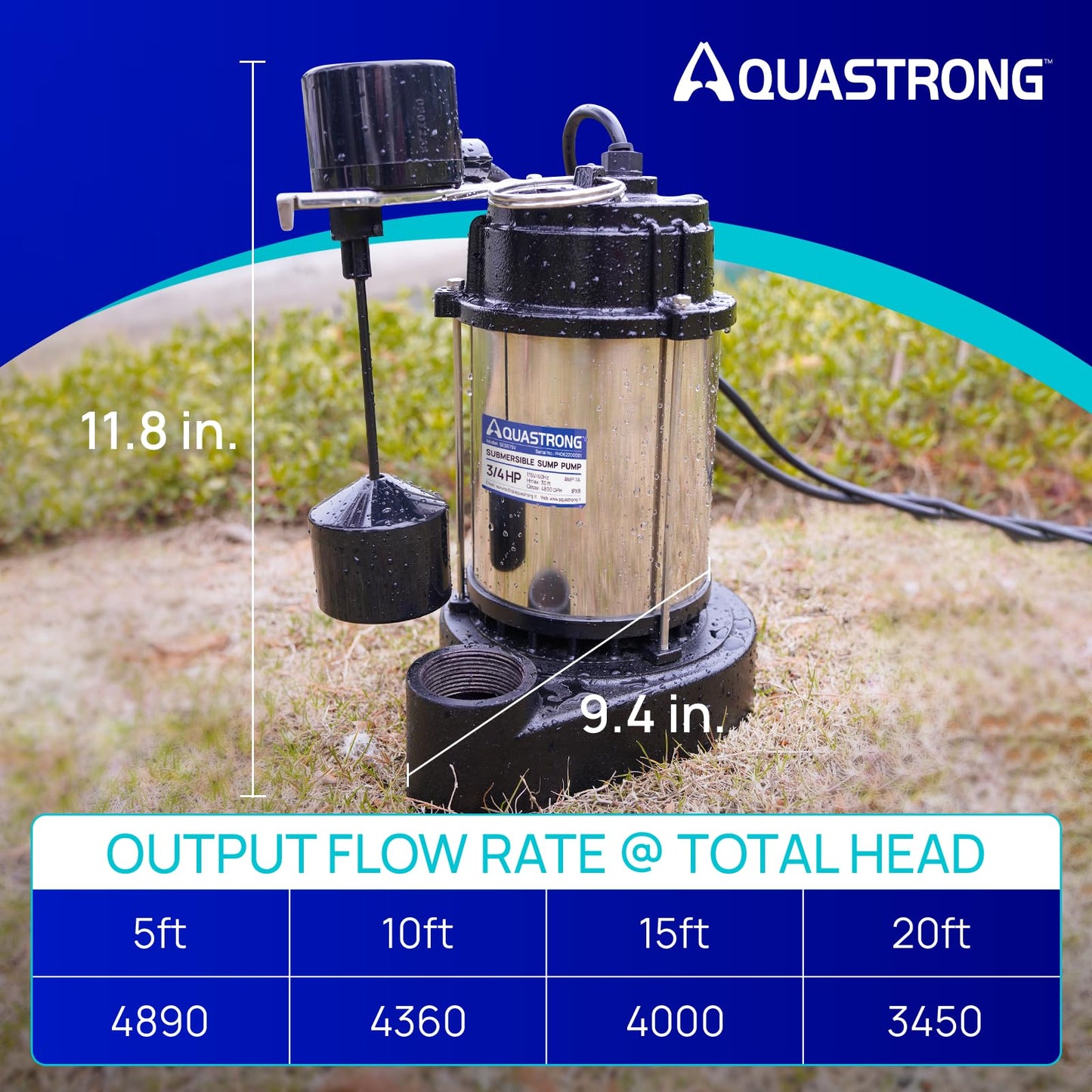 Aquastrong Sewage Grinder Pump, Cast Iron Effluent Pump, Auto Float Switch for Basement Sump Basin and Sewage Well, 2 inch Discharge, Stainless No Grinder with Piggy-back Plug