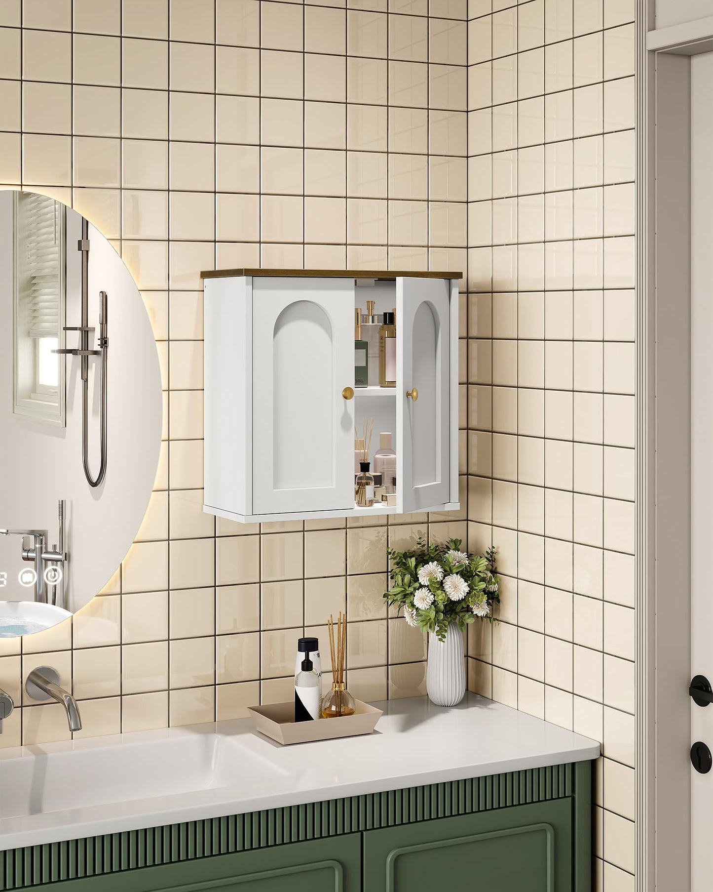 CHOEZON Bathroom Wall Cabinet, Medicine Cabinet with Adjustable Shelf, Modern Wall Cabinet with 2 Doors, Farmhouse Wall Mounted Storage Cabinet, for Bathroom, Living Room, Kitchen, White and Walnut