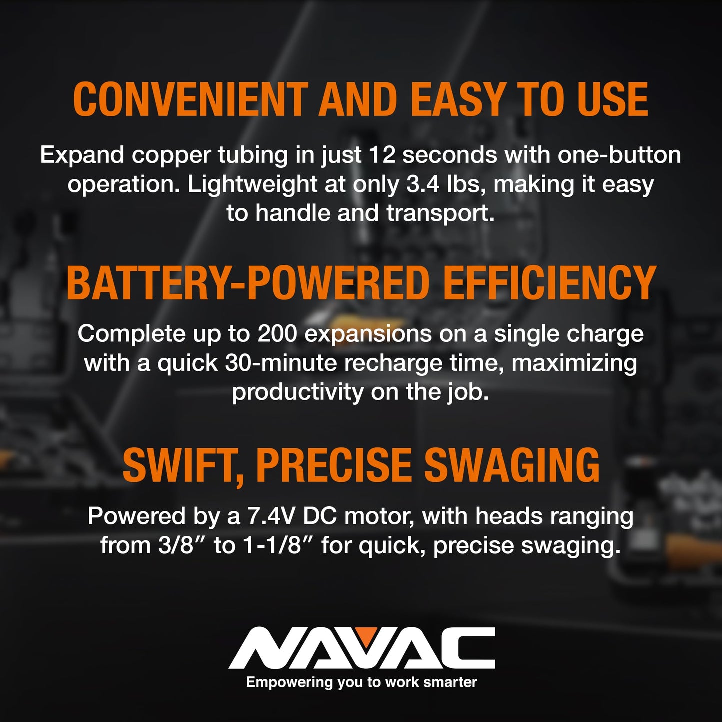 NAVAC NTE11L Power Tubing Expander - Soft or Annealed Copper Swaging Tool - Battery-Operated - One-Button Operation - Quick Connect Expander Heads