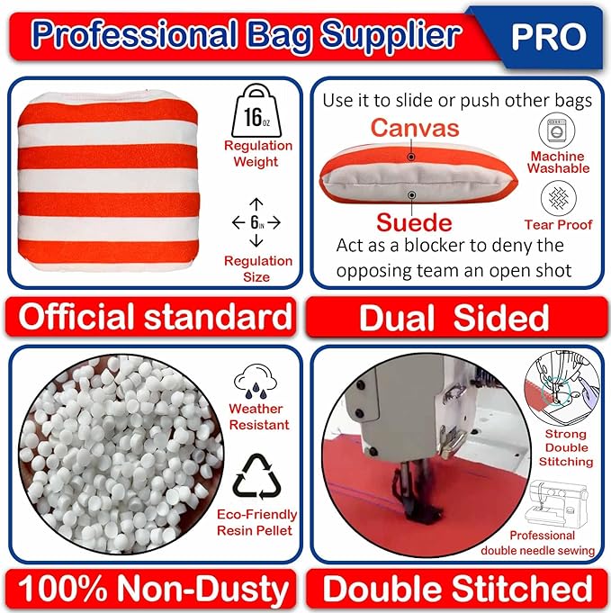 CoHoBgs Corn Hole Bags Set 8, Professional Cornhole Bags Dual-Sided Slick & Stick Resin Filled Suede and Duck Canvas Bean Bag for Cornhole Game Includes Carry Case
