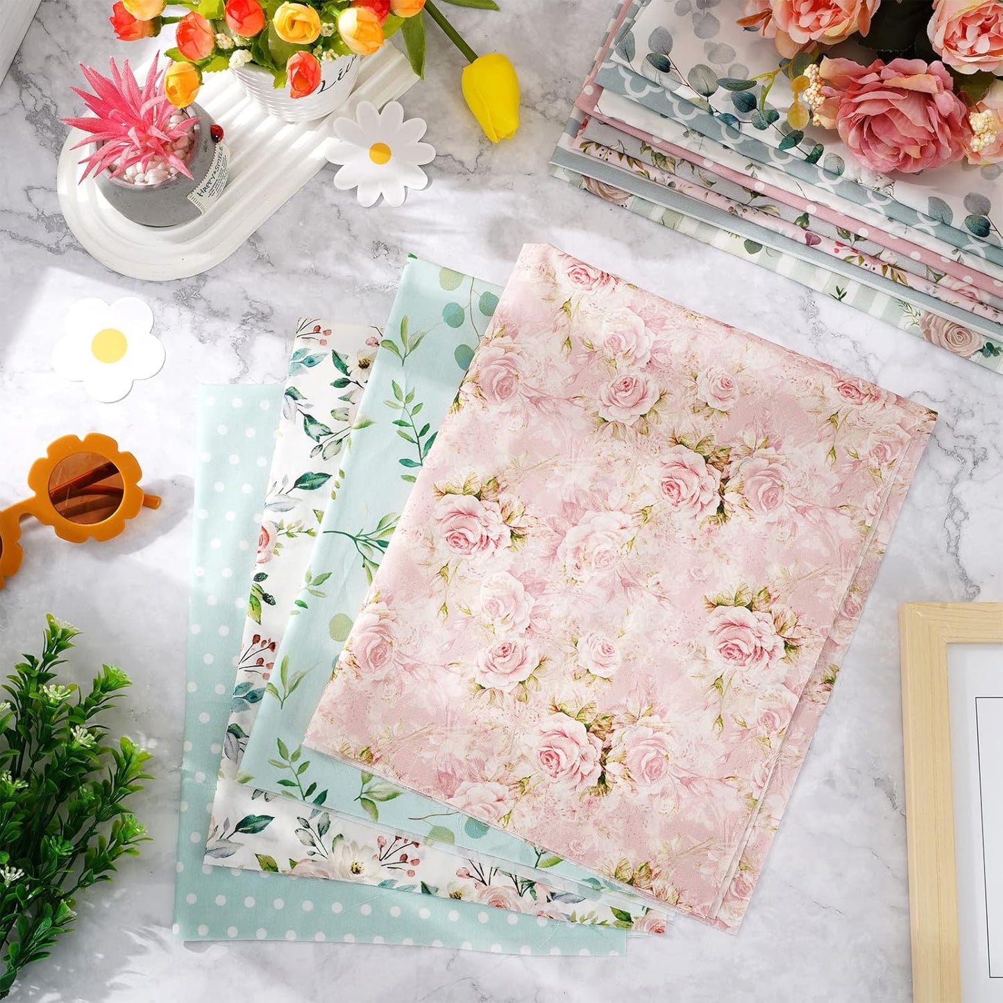Whaline Cotton Fabric Bundles - 12Pcs Floral Greenery Print | 18 x 22 Inch Fat Quarters for DIY Crafting