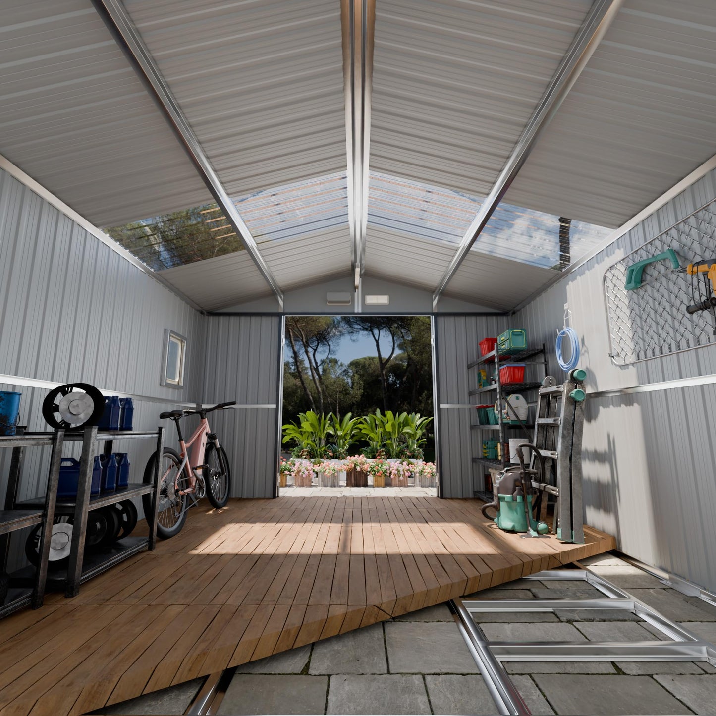 WACASA 10x10 FT Metal Shed with Base Frame Floor Kit | Heavy-Duty Military-Grade 20-Gauge Reinforced Frame with Powder Coating | 50 PSF Snow Load & 120 MPH Wind Rated | Skylight Tiny House Building