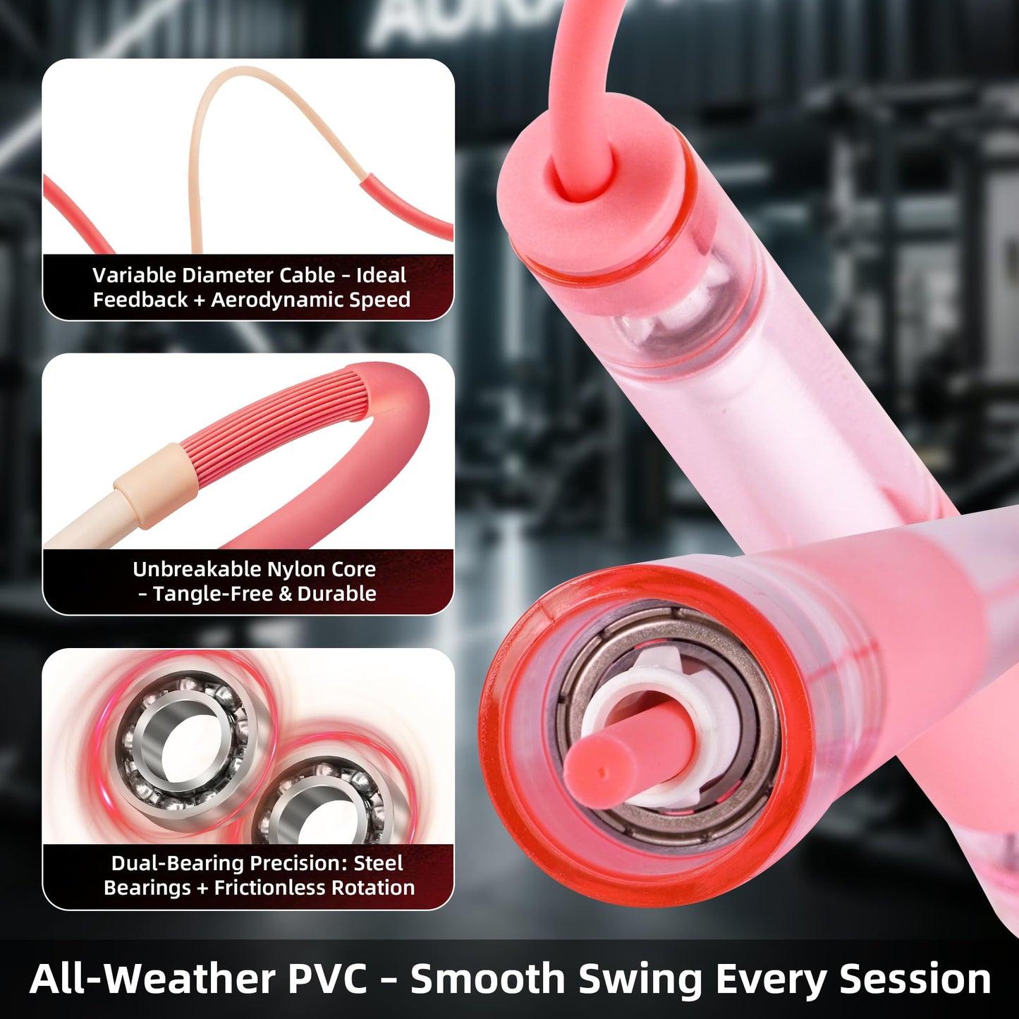 YUEDONG Jump Rope with Dual Stainless Steel Bearings, Self-Locking Adjustable Length, Non-Slip Handles - Smooth & Tangle-Free Skipping Rope for Boys, Girls, Fitness & Play (1, PINK, 280MM)