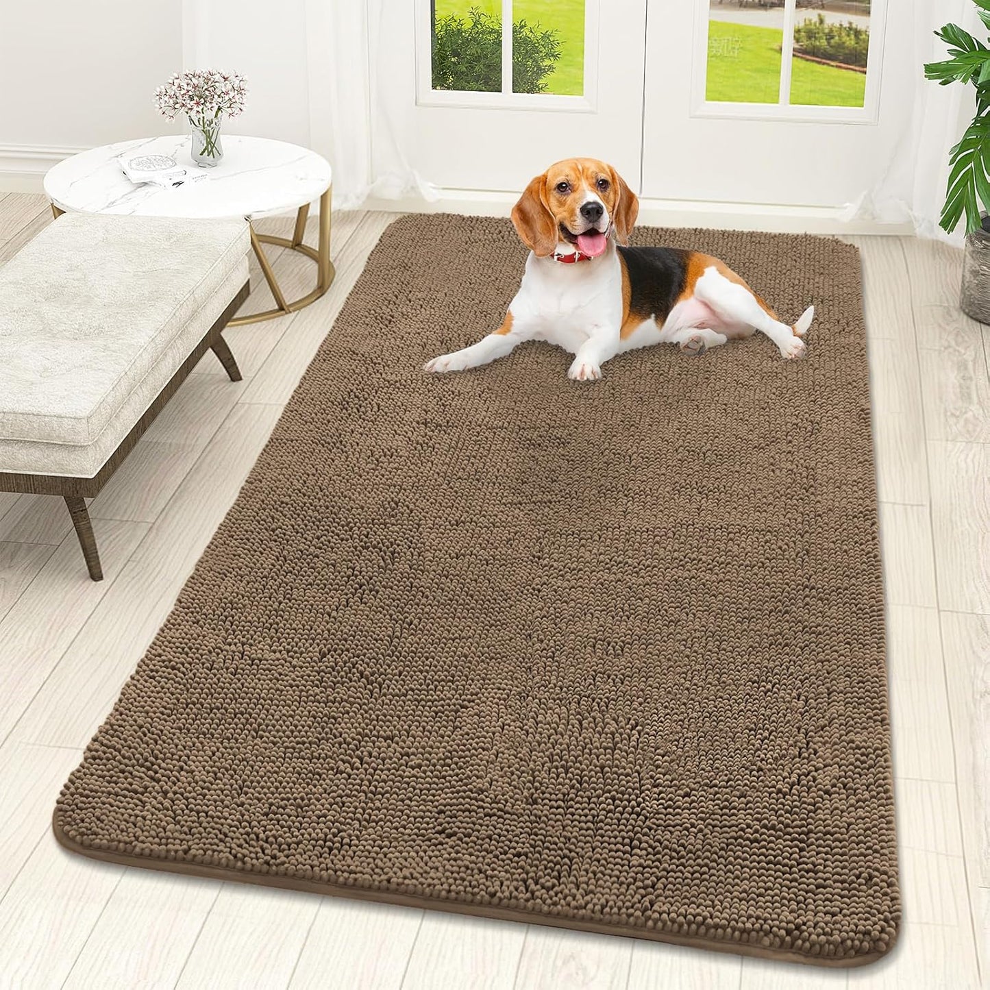 OLANLY Dog Door Mat - Absorbent Non-Slip Chenille Mat for Muddy Paws | 59x32 Tan Indoor Entryway Carpet