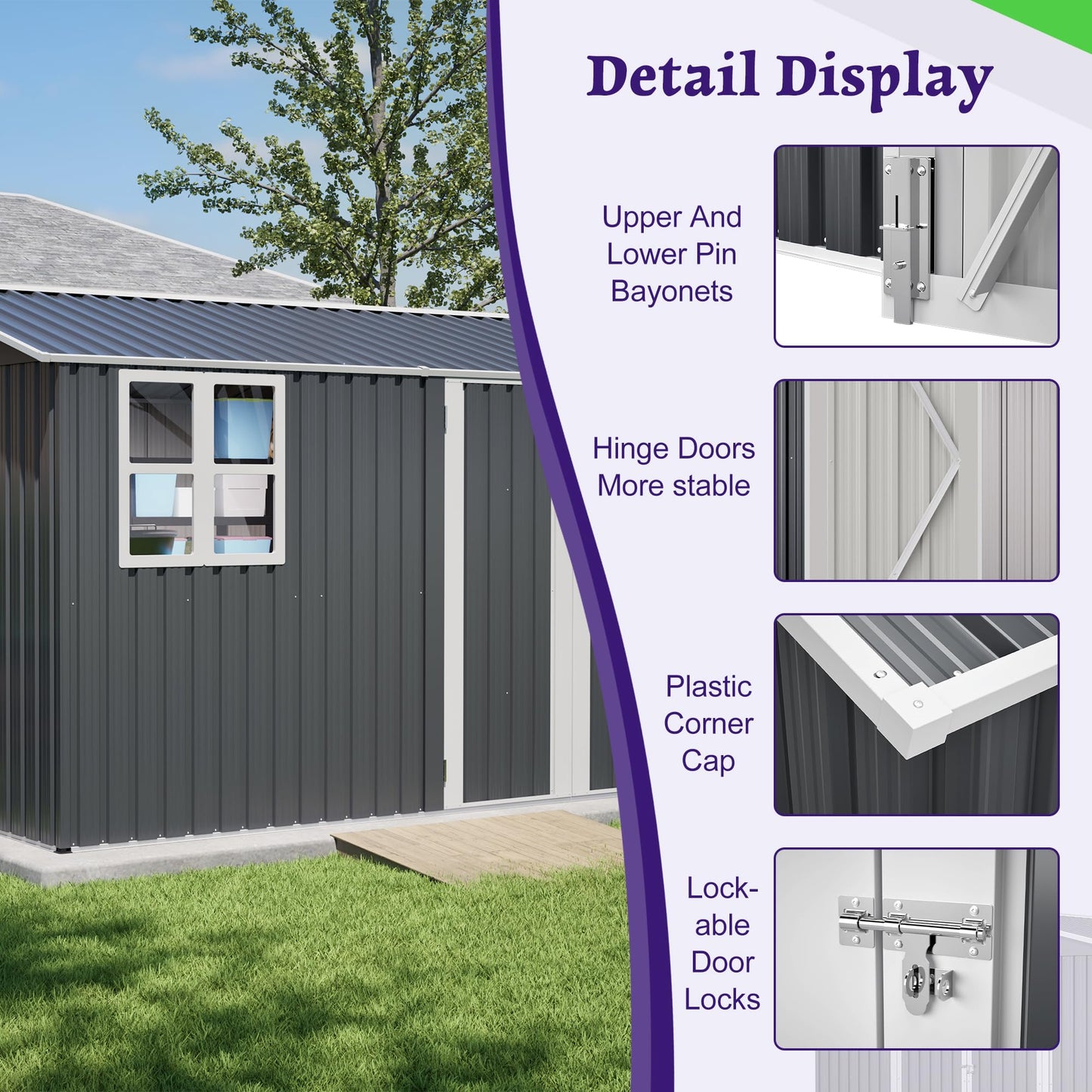 10'x8' Galvanized Steel Storage Shed with Raised Floor Base, Side Window & Top Vents, Lockable Double French Door Outdoor Garden Tool Shed, Gray