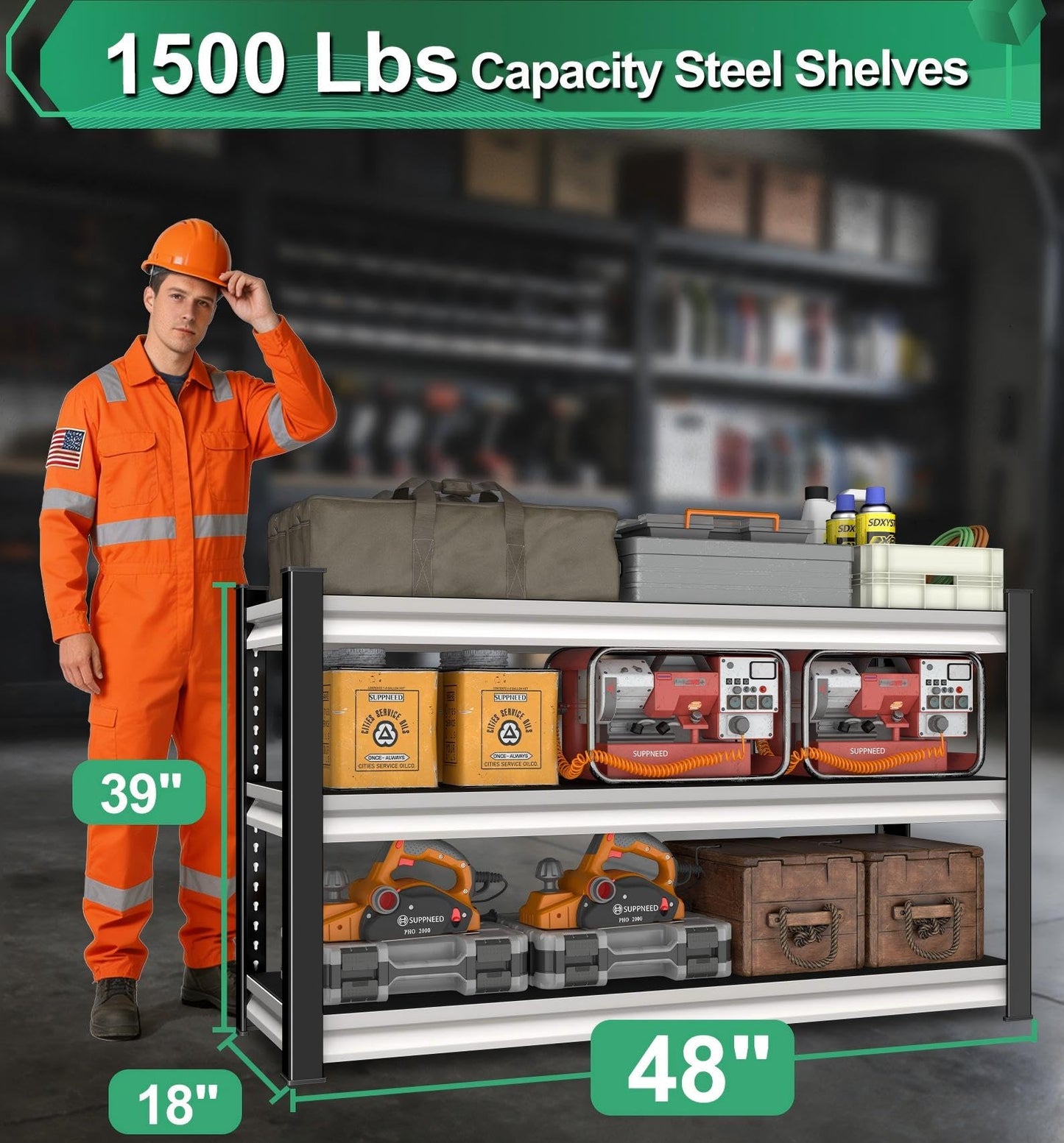 SUPPNEED 48" W Storage Garage Shelving: 1,500Lbs Black & White Metal Freestanding Utility Shelves, 3 Tier Adjustable Heavy Duty Rack Units 48" W x 18" D x 39" H