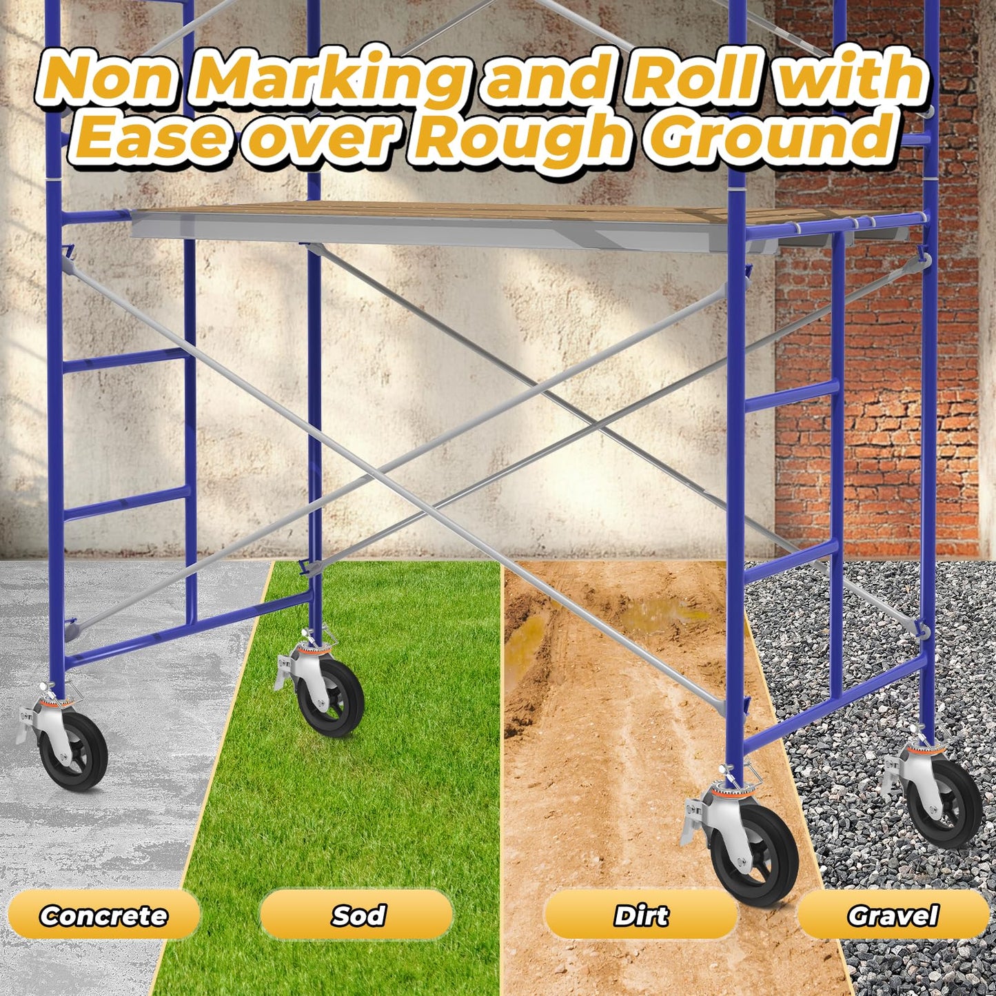 Besitu 8 inches Scaffolding Wheels 1-3/8" Solid Round Stem Caster with Dual Locking Brakes 1100LBS Capacity Per Wheel Commercial Scaffolding Accessories