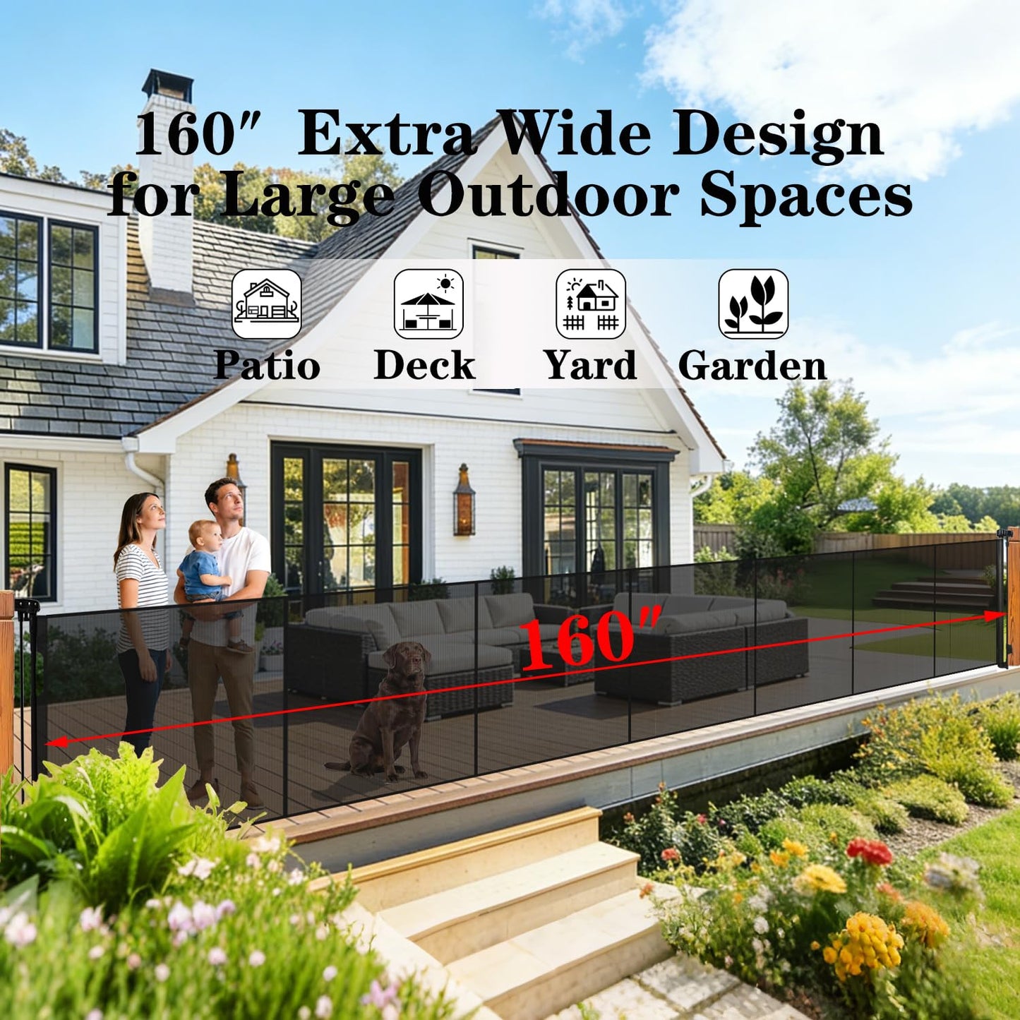 160" Extra Wide Retractable Baby Gates, 42" Extra Tall Retractable Dog Gate Pet Gate with Support Rods, Long Mesh Screen Child Safety Gate for Garage Doorways Hallways Deck Porch, Outdoor Indoor Use