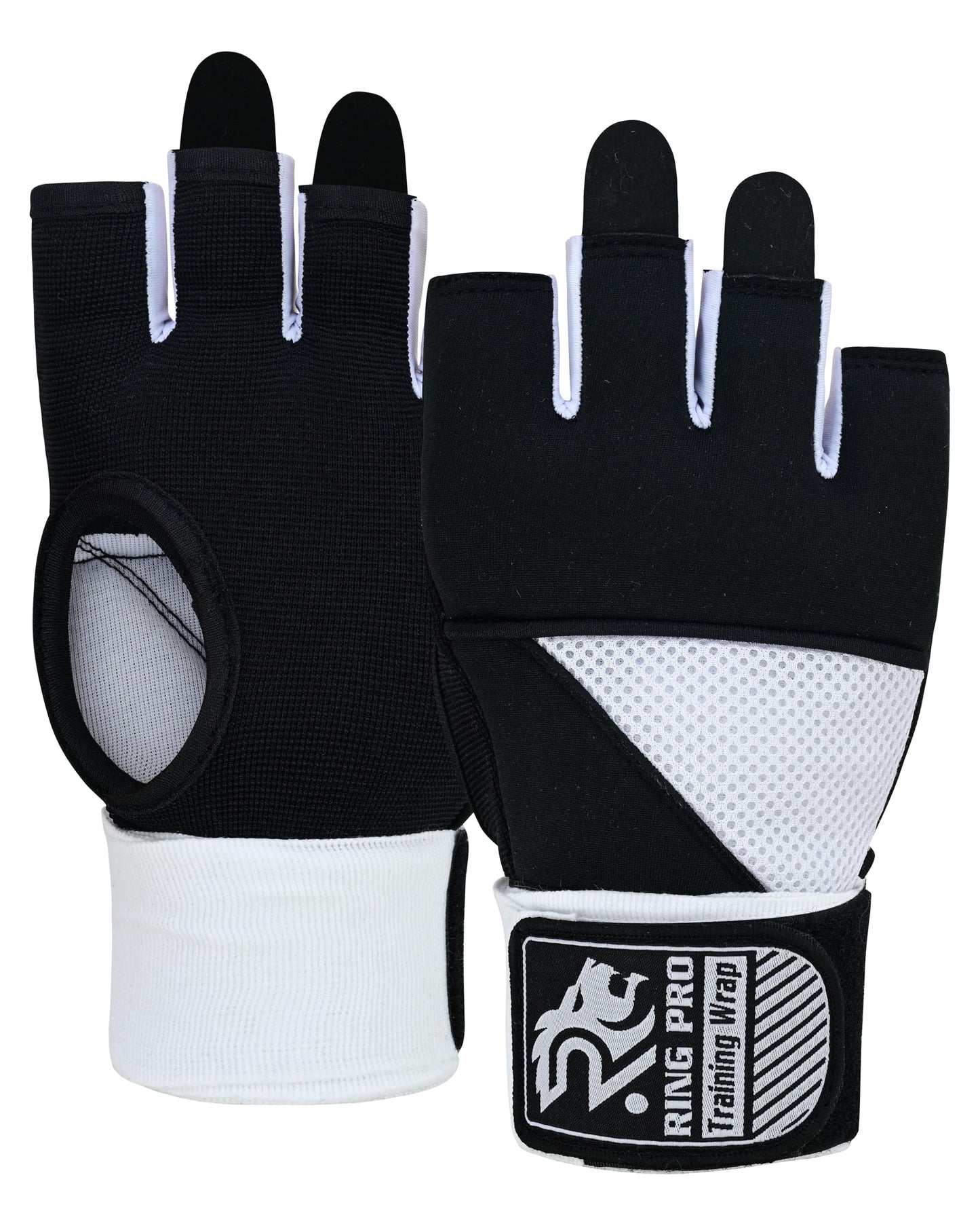 RING PRO Boxing Gel Hand Wraps Quick Inner Gloves with Wrist Support, Woven Elastic Training Wraps for Boxing, MMA, Muay Thai & Kickboxing, Men & Women (Black/White, X-Large)