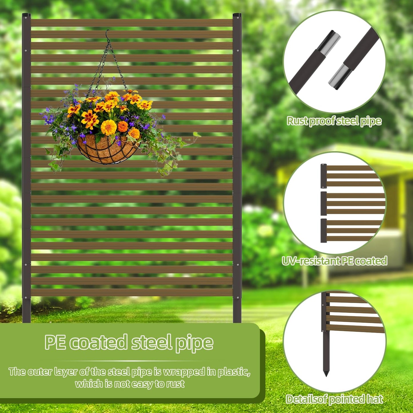 Metal Privacy Screen Outdoor Freestanding Privacy Wall Panels and 3.6ft W × 6ft H Decorative Patio Dividers,with Stable Base Feet for Stability,Crafted from Steel,Ideal for Patio,Garden Backyard
