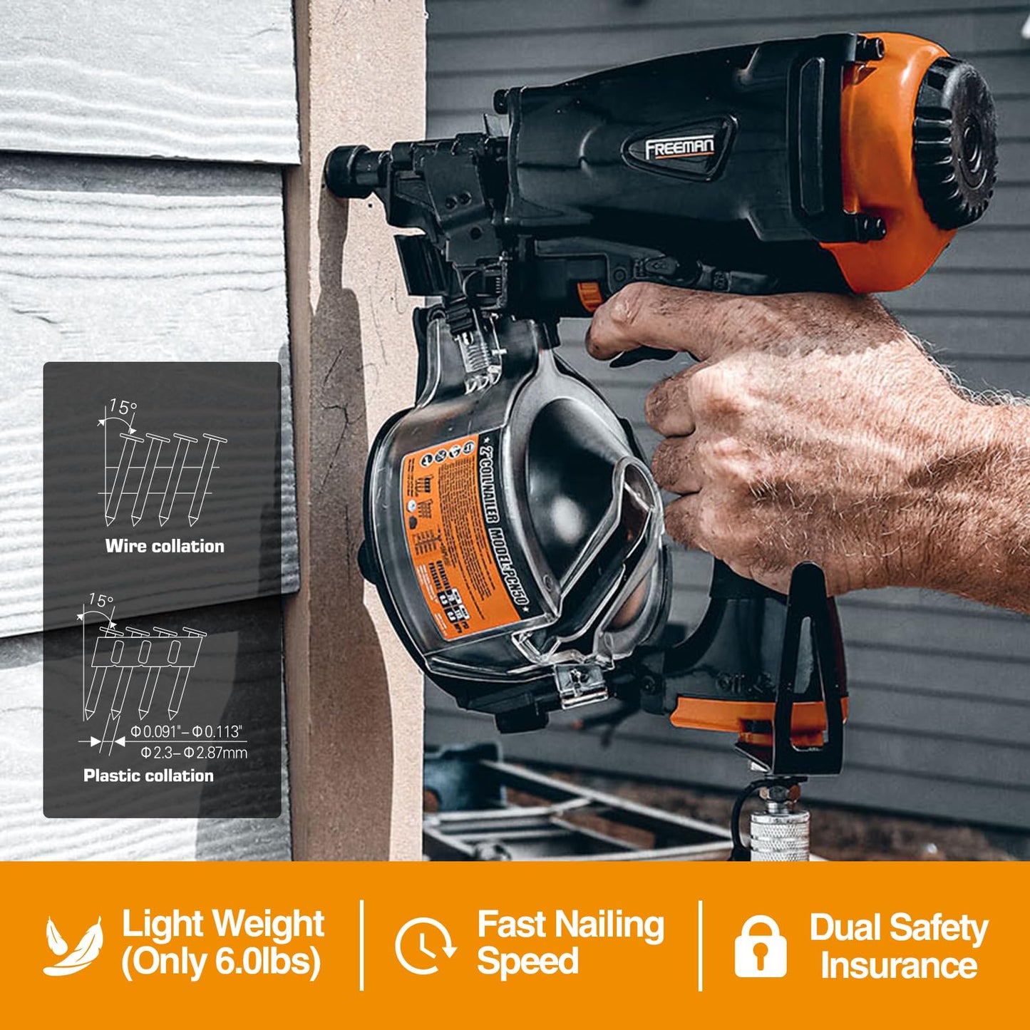 Freeman Pneumatic 15 Degree 2-1/2" Coil Siding Nailer with Adjustable Metal Belt Hook | PCN65