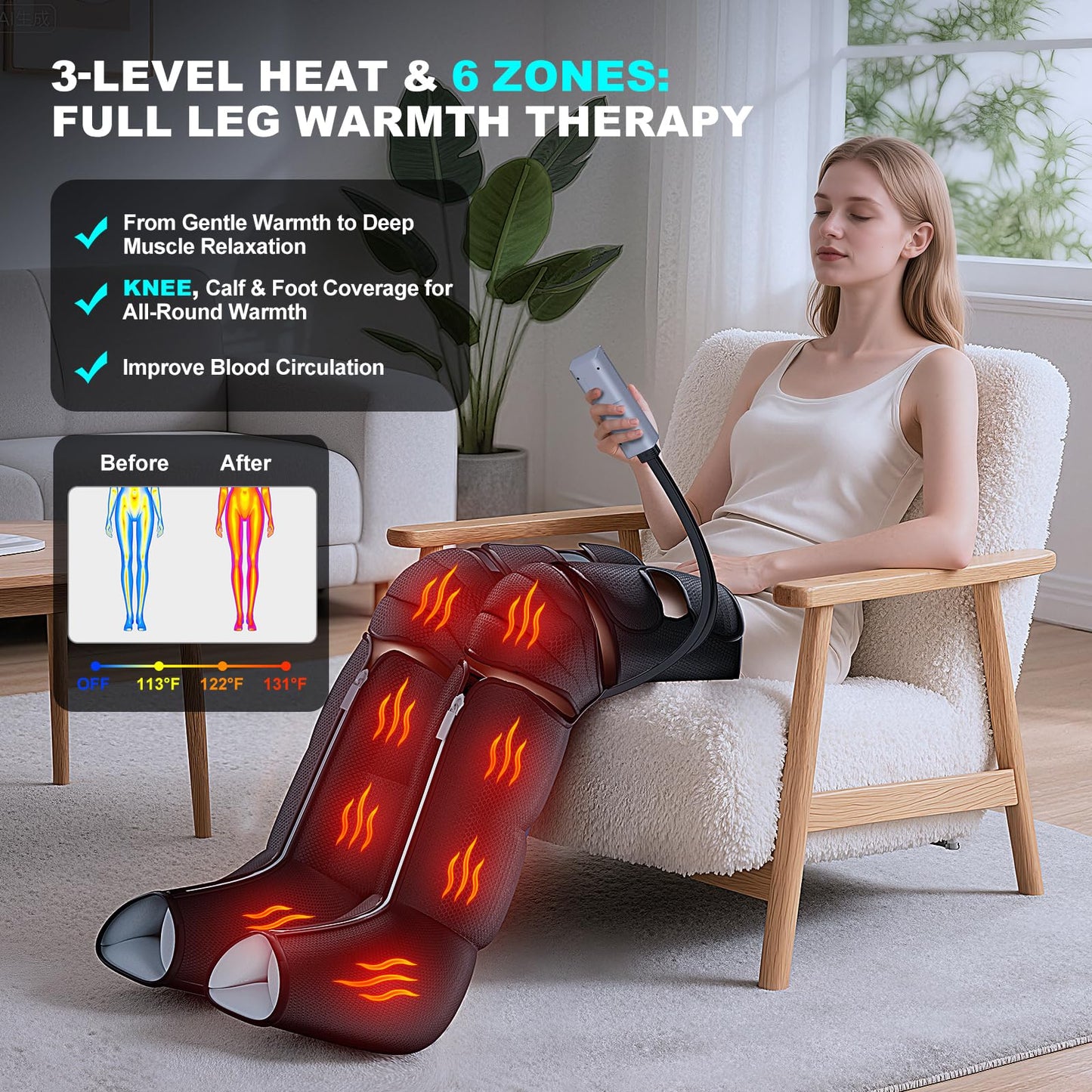 MZCNU Leg Compression Massager for Circulation and Pain Relief, Compression Boots with Heated Knee, 6 Modes 12 Intensities 3 Timers, Foot Calf Thigh Recovery Machine, Gifts for Man Woman, Black