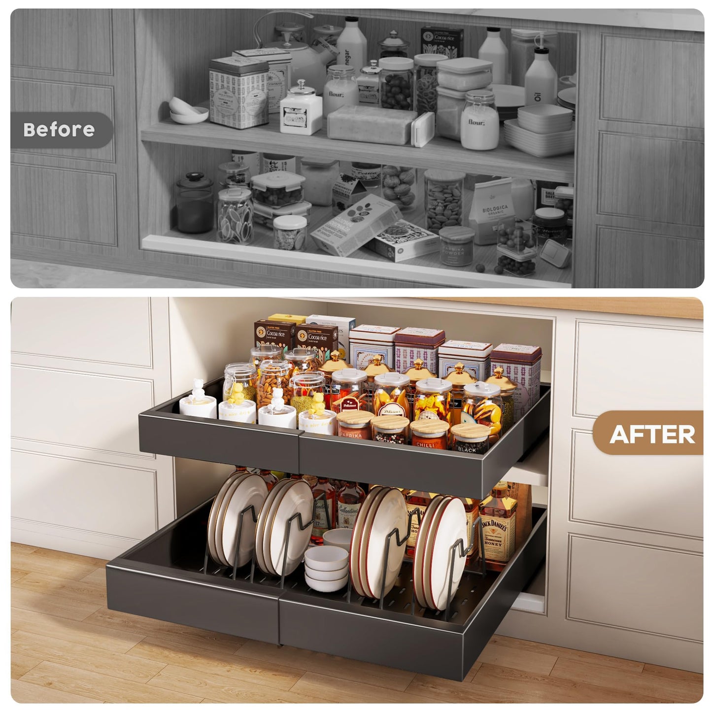 Seinloes 6 Pack Pull out Cabinet Organizer 21"Deep with Raising Pad for Framed Cabinets, Expandable Slide out Drawers for Kitchen Cabinets with 6pcs Divider Racks, Roll out Shelves 12.1"-20.4" W Black