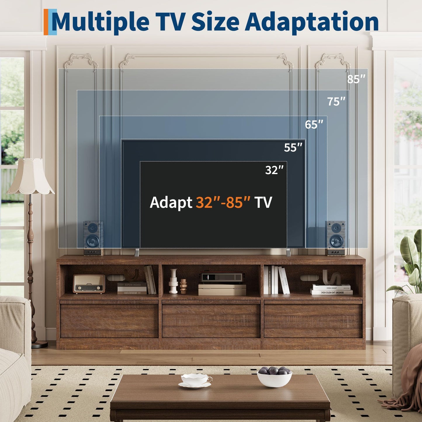 Garvee Mid Century Modern TV Stand for 65 70 75 in TVs, Industrial Entertainment Center with 3 Drawers & Open Shelves, Sturdy MDF for Living Room & Bedroom, Vintage