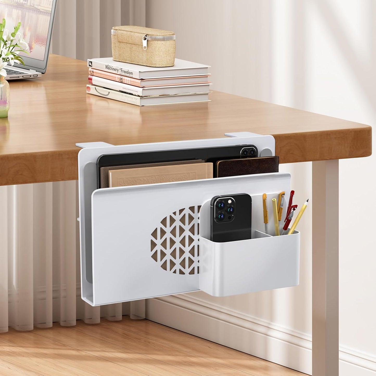 Josmimic Desk Side Storage, Metal Laptop Holder with Magnetic Pen Box, Clamp-On Under Desk Organizer with Cooling Holes