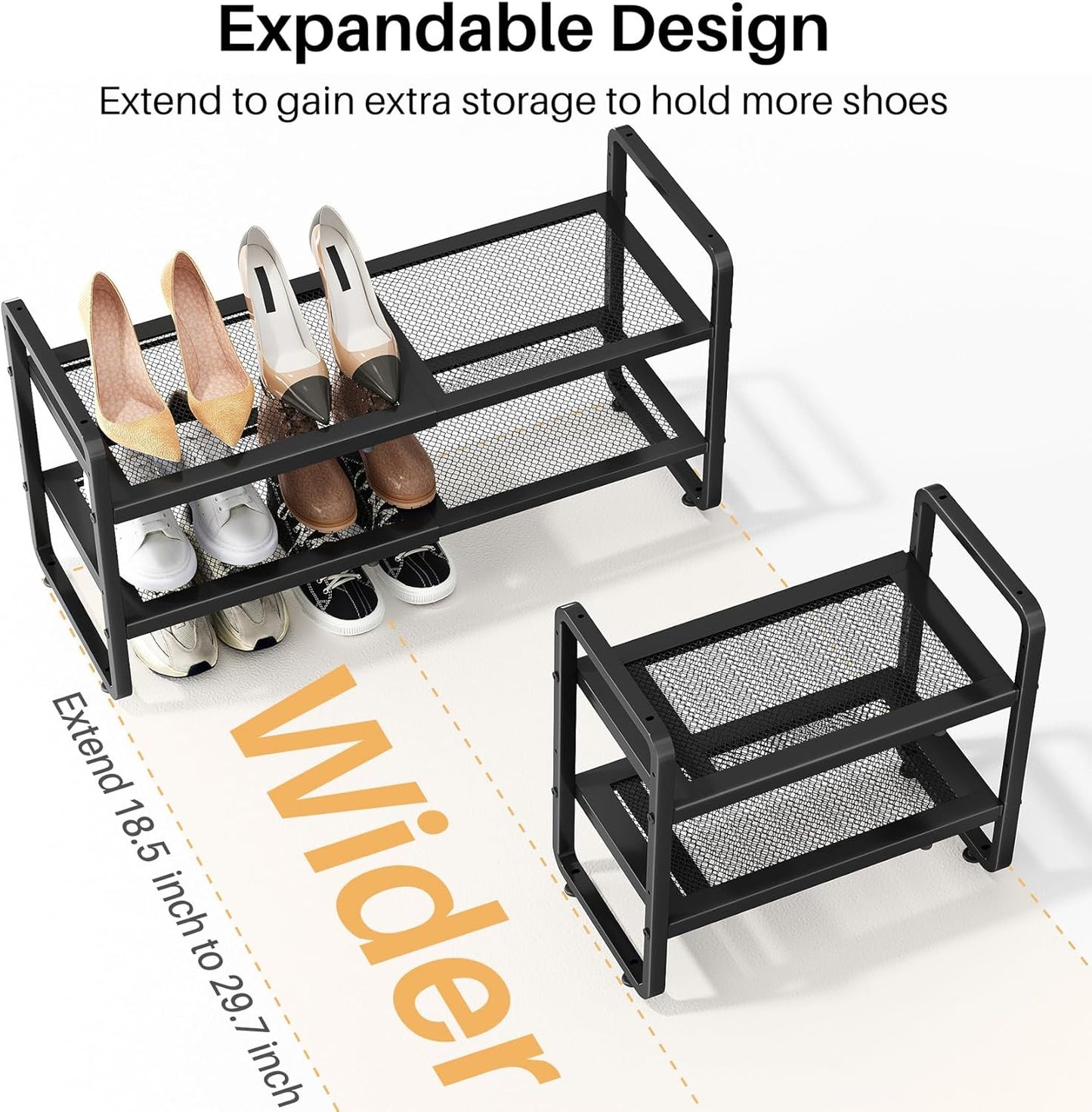 SNTD Shoe Rack - Expandable Shoe Organizer with Adjustable Metal Shelves | Stackable 2-Tier Design in Black
