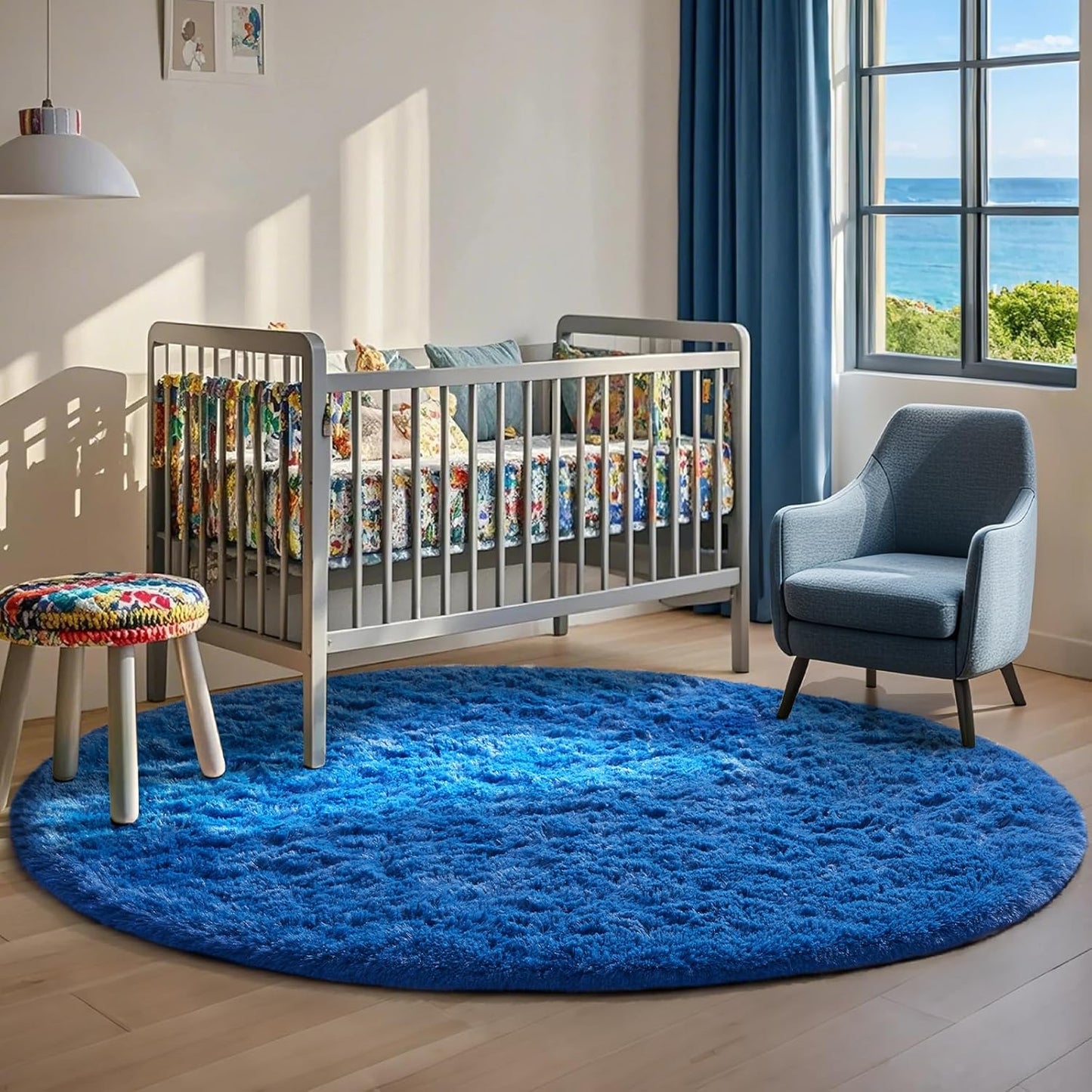 Ophanie Round Rug - 6Ft Blue Circle Area Rug | Plush Soft Shaggy Carpet for Kids' Rooms