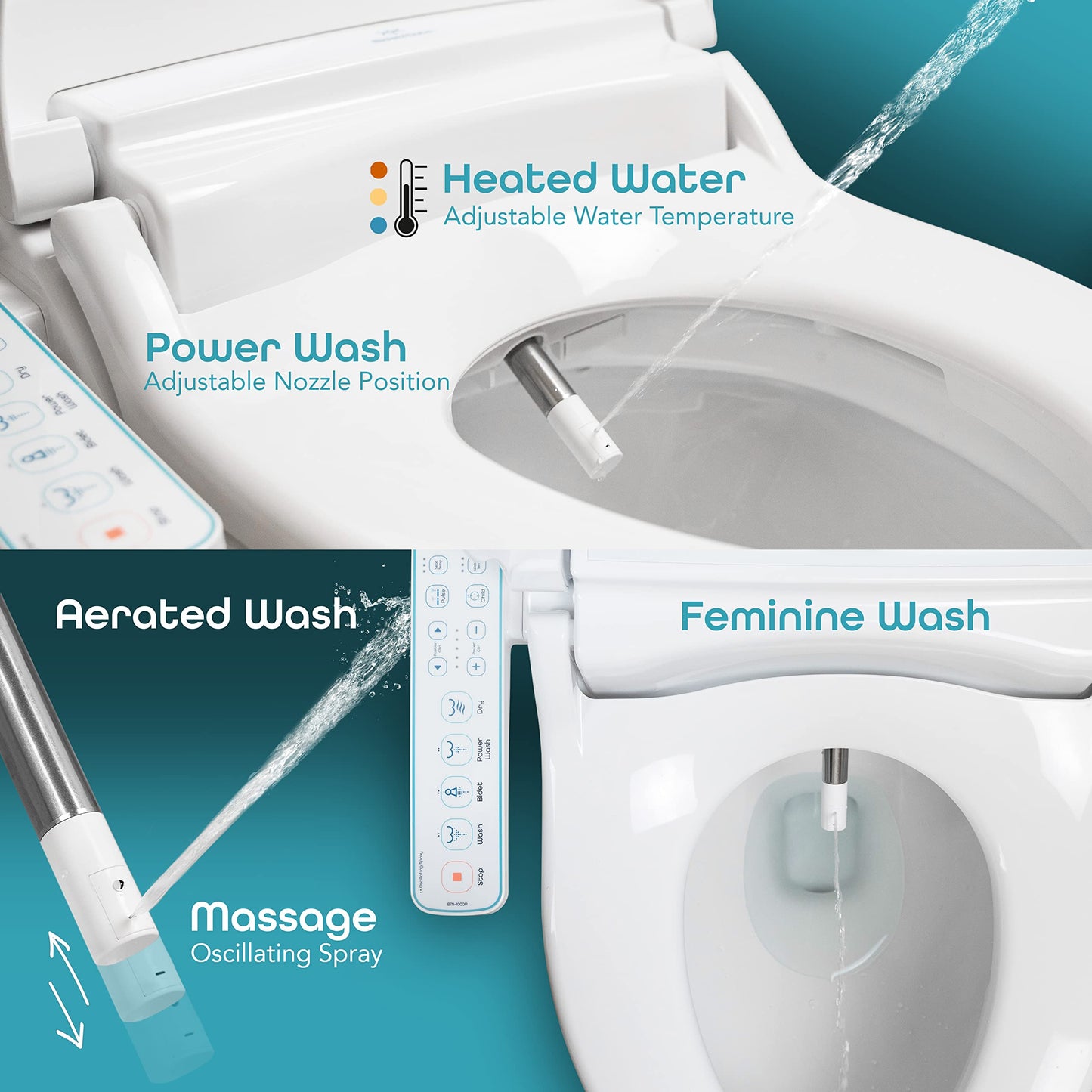 BidetMate 1000 Series Electric Smart Toilet Bidet Seat with Heated Water, Side Control Panel, and Warm Air Dryer - Self-Cleaning - Perfect for a Smart Home Kit - Round