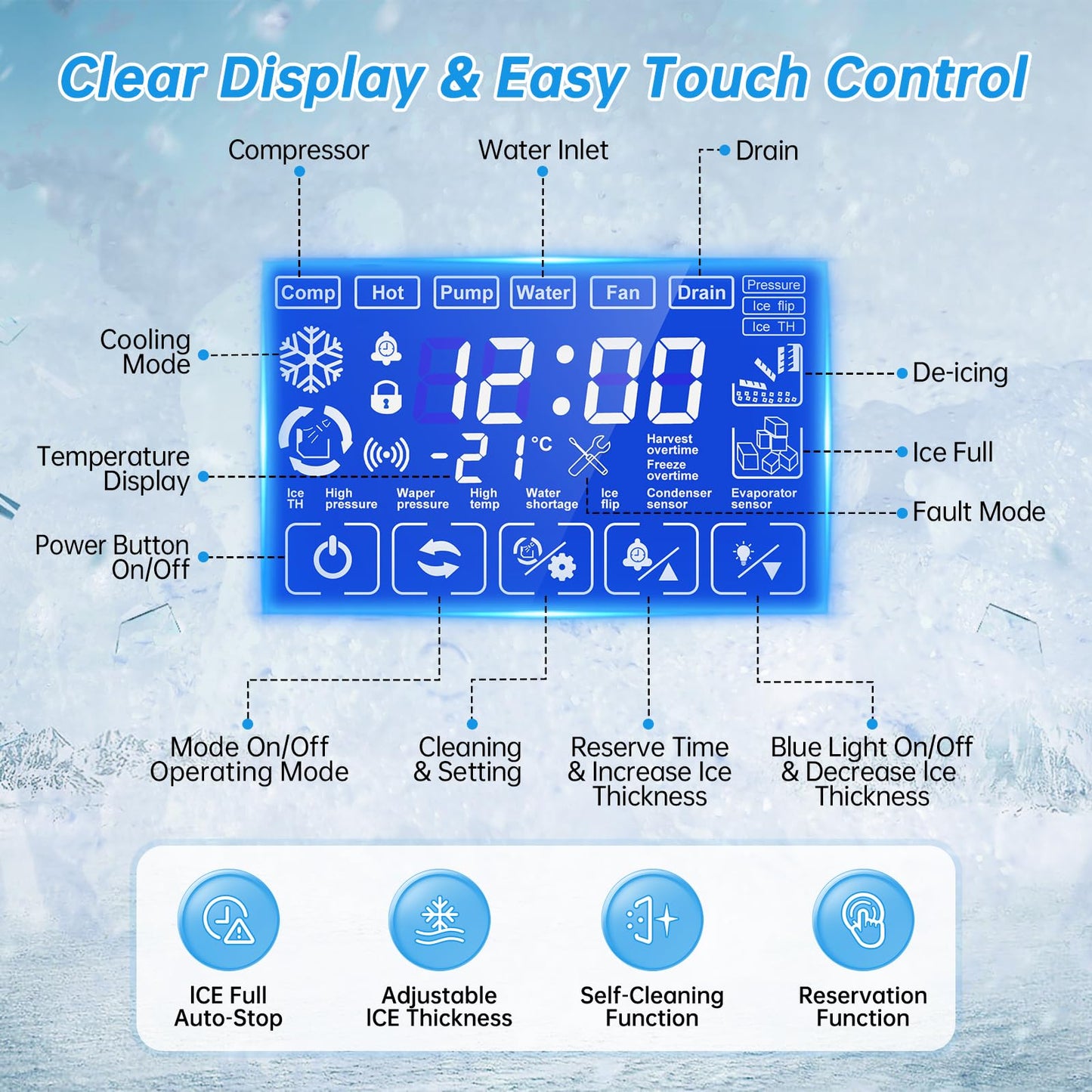 Ice Machine Commercial Ice Maker Machine, 450 Lbs /24H, 200 lbs Bin, Under Counter Built-in or Freestanding, Stainless Steel Household Use, Restaurant Bar Kitchen Cafe