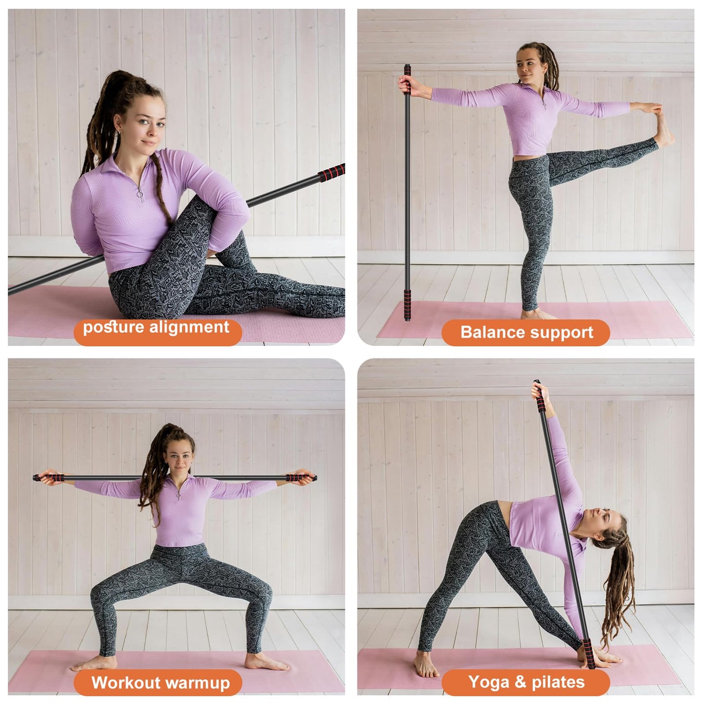 RACOC Yoga Stick Sturdy Steel, 5 Ft Adjustable Stretching Stick for Mobility, Flexibility and Balance, Versatile Exercise Stick with Non-Slip Ends and Foam Handles for Fitness, and Posture