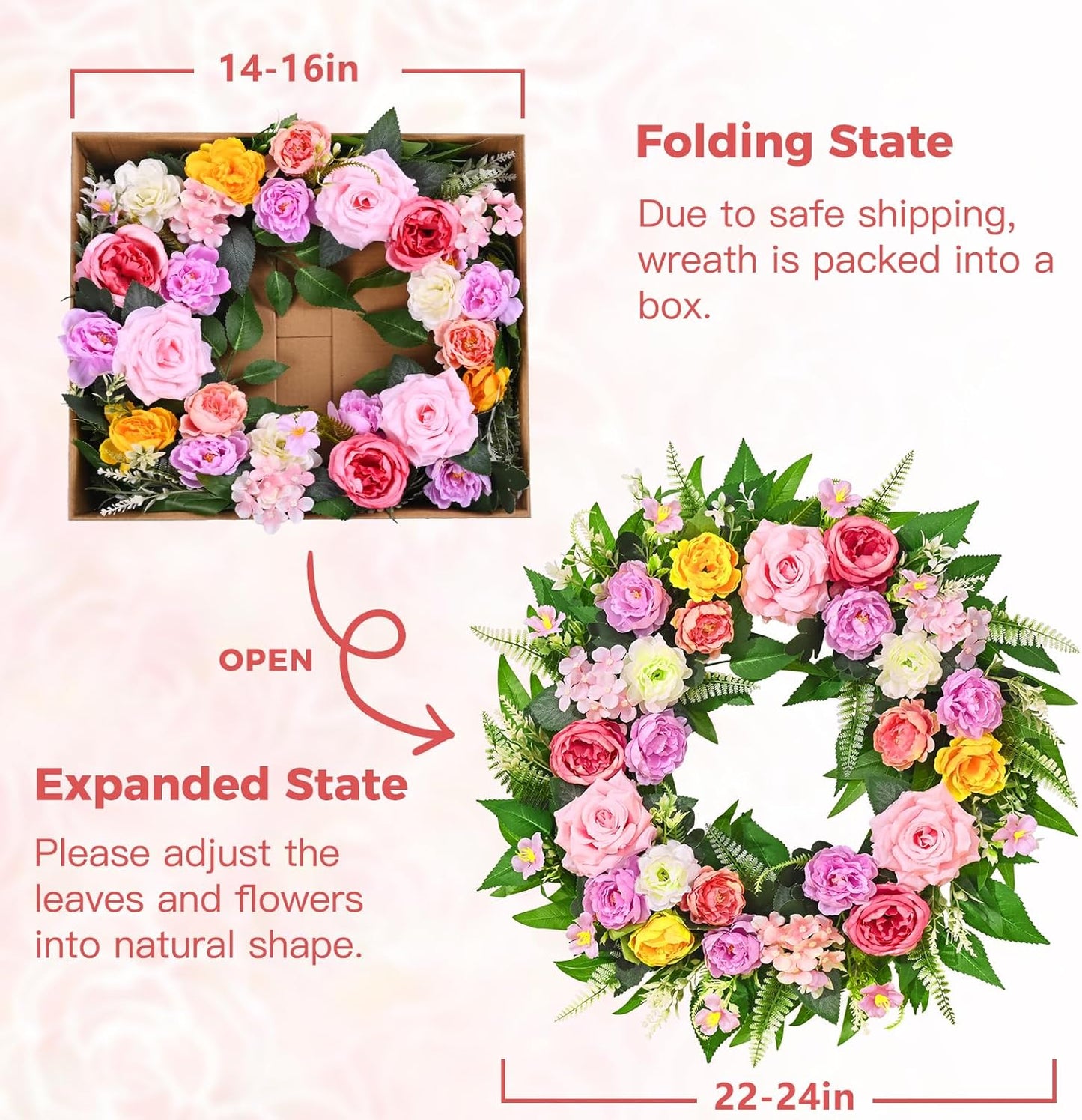 Yastouay 24-Inch Summer Wreath - Realistic Rose Peony Floral Decor for Front Door & Patio