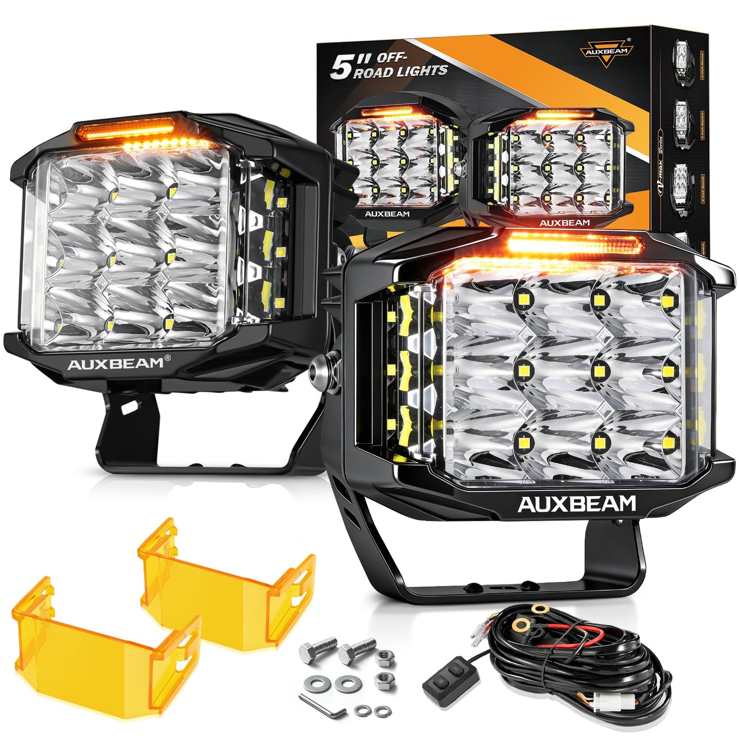 Auxbeam 5" 168W LED Cube Pods Offroad Driving Light with Amber Covers, 16440LM Bright Square Offroad Lights with Side Shooter 270° Combo Beam Ditch Light, DRL for Jeep ATV Wrangler Ford Truck Pickup