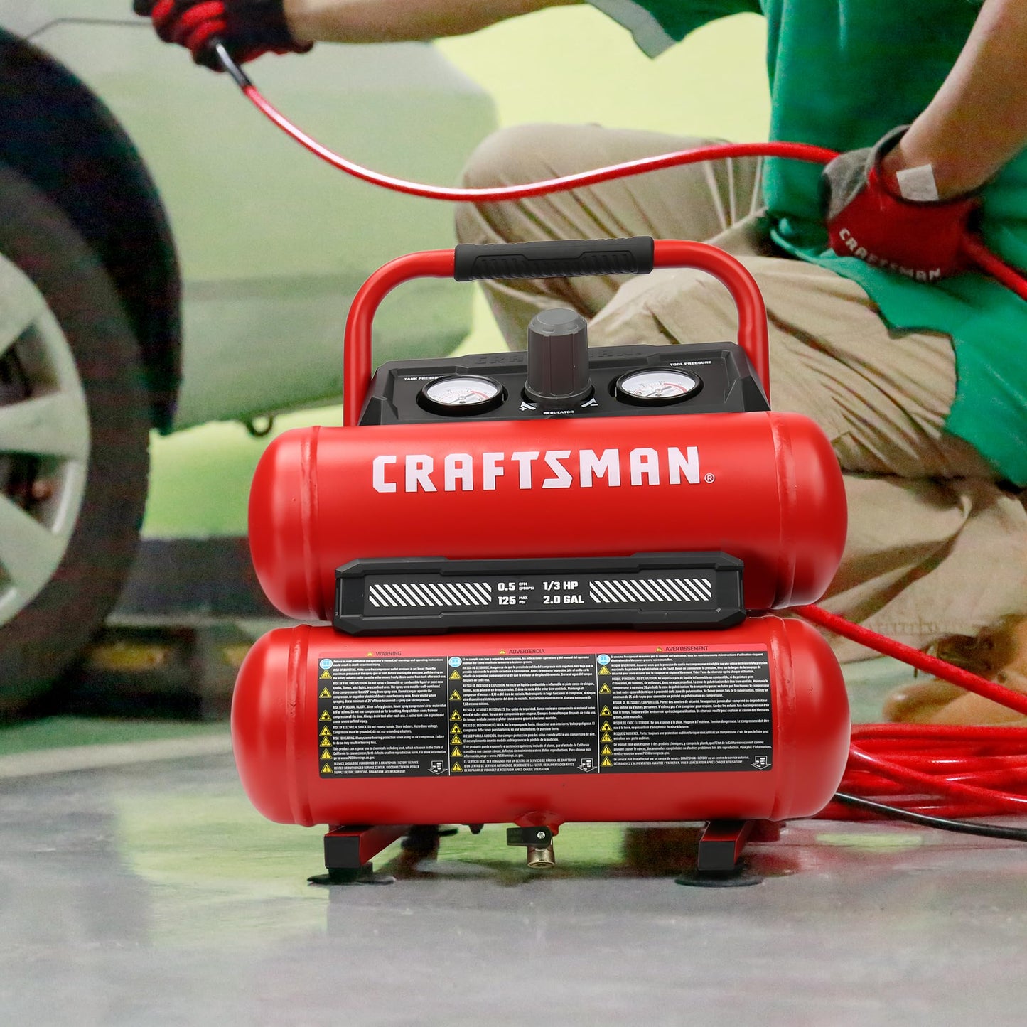 Craftsman 2-Gallon Air Compressor, 1/3 HP Oil-Free Twin Tank, 125 PSI Max – Portable & Quiet Air Tool for Home DIY, Tire Inflation, Nailing & Spray Painting, Compact for Easy Storage