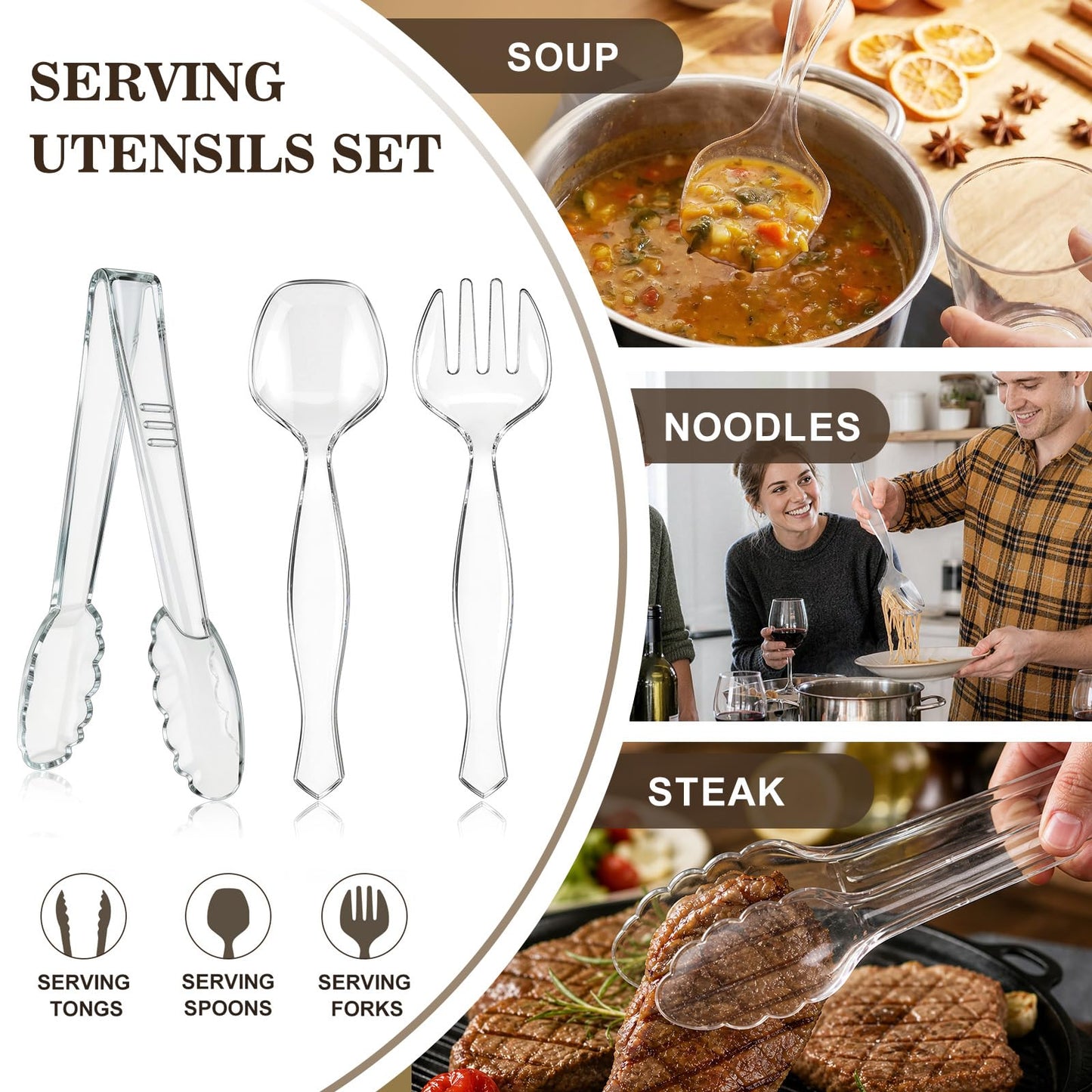 Mwellewm 36Pcs Serving Utensils Large Plastic Serving Utensils Set Serving Spoons for Buffet Clear Disposable Plastic Tongs 8.5'' Heavy Duty Slotted Spoons/Forks Supplies for Party Food Salad Soup