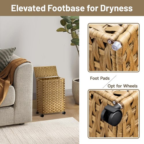 Hiagnete Toilet Paper Storage Basket with Lid and Wheels, Rattan Toilet Paper Holder Storage, Toilet Paper Organizer for Bathroom, Bedroom, Kitchen, 12.6”L x 7.1”W x 17.14”H, Naturall