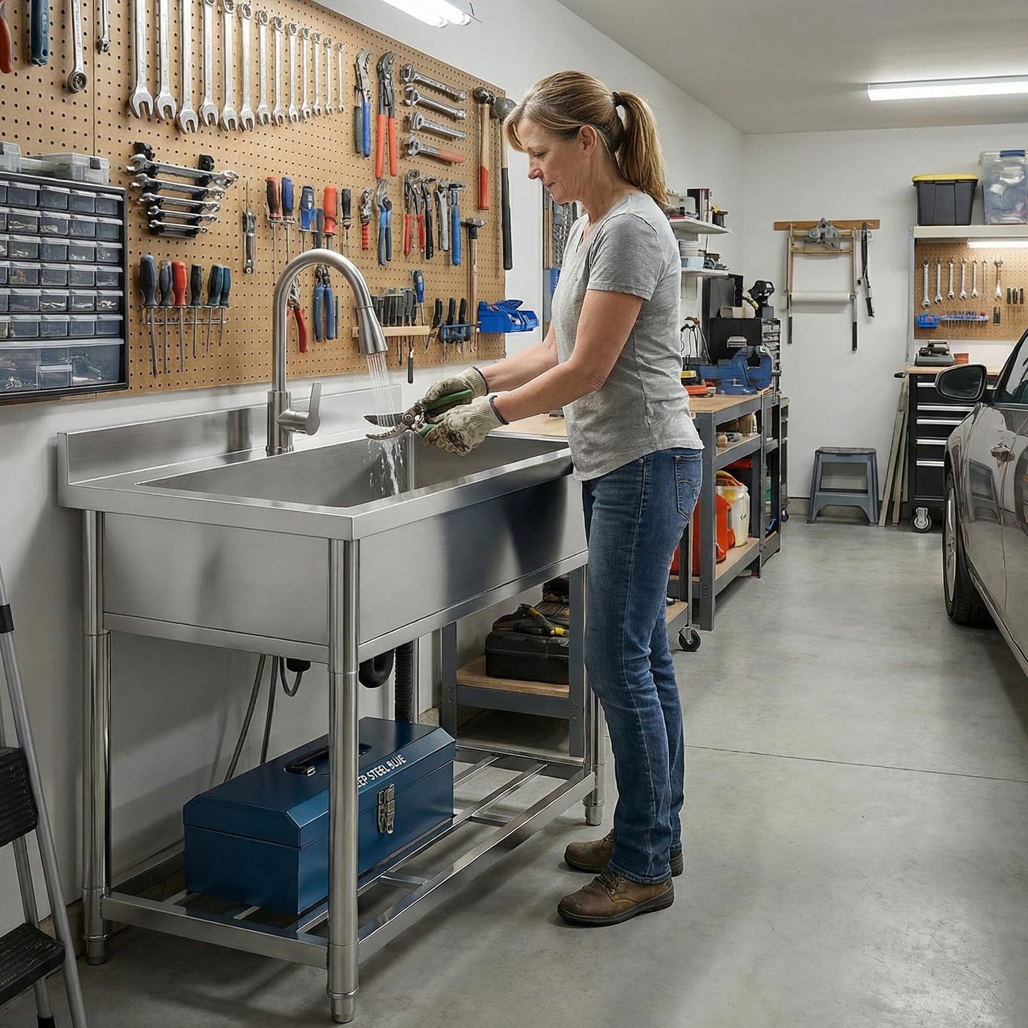 GGW Stainless Steel Large Utility Sink Single Bowl, Freestanding Laundry Sink with Pull-Out Faucet, Utility Sink for Laundry Room, Garage, Kitchen, Outdoor/Indoor Use, W35.4" x D22.4" x H37"