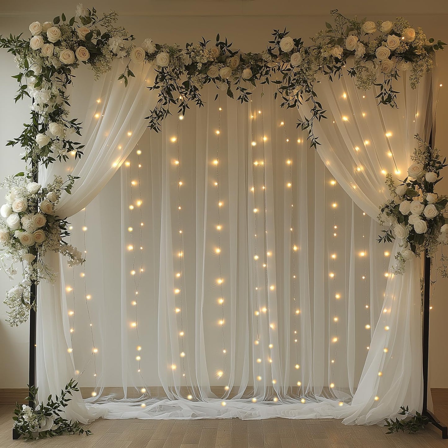 EMHOLDBU 10x8ft (2 White Tulle Backdrop Curtain with Lights String Sheer Drapes for Wedding, Birthday, Baby Shower