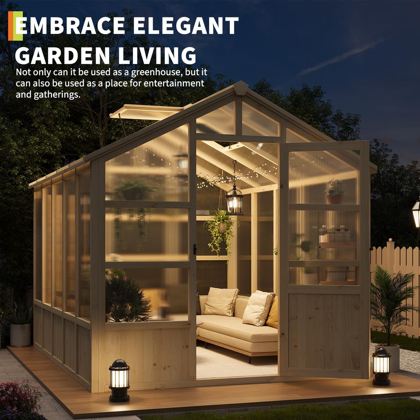 Garvee 8x10 ft Wooden Greenhouse, Greenhouses for Outdoors with Lockable Door, Wood Frame & Adjustable Vent, Heavy Duty Greenhouse with Polycarbonate Panel for Outside, Garden, Yard, Light Brown