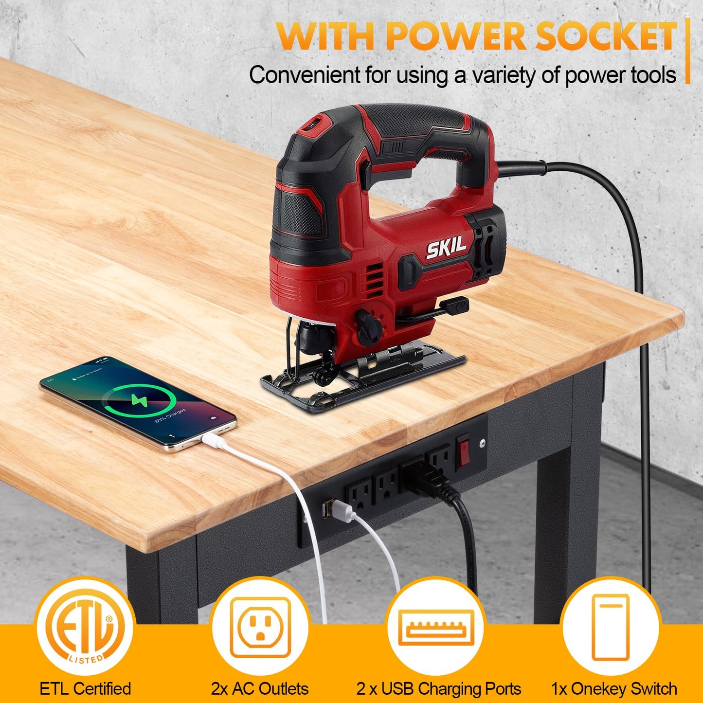 48" Height Adjustable Workbench, 2000 LBS Load Capacity Rubber Wood Top Workstation with Power Outlet and Foot Pads, Heavy-Duty Hardwood Worktable for Garage Workshop (with Foot Pads and Socket,48'')