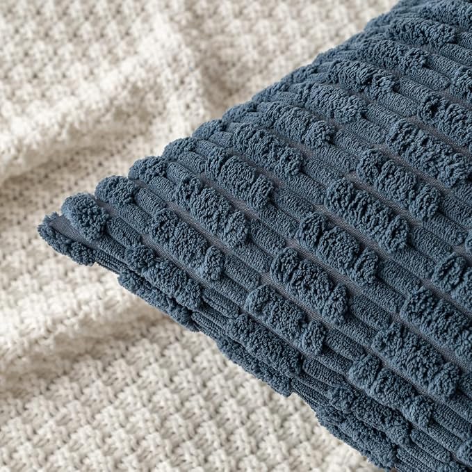 MIULEE Pack of 2 Corduroy Decorative Throw Pillow Covers 20x20 Inch Soft Boho Striped Pillow Covers Modern Farmhouse Home Decor for Summer Coastal Sofa Living Room Couch Bed Blue