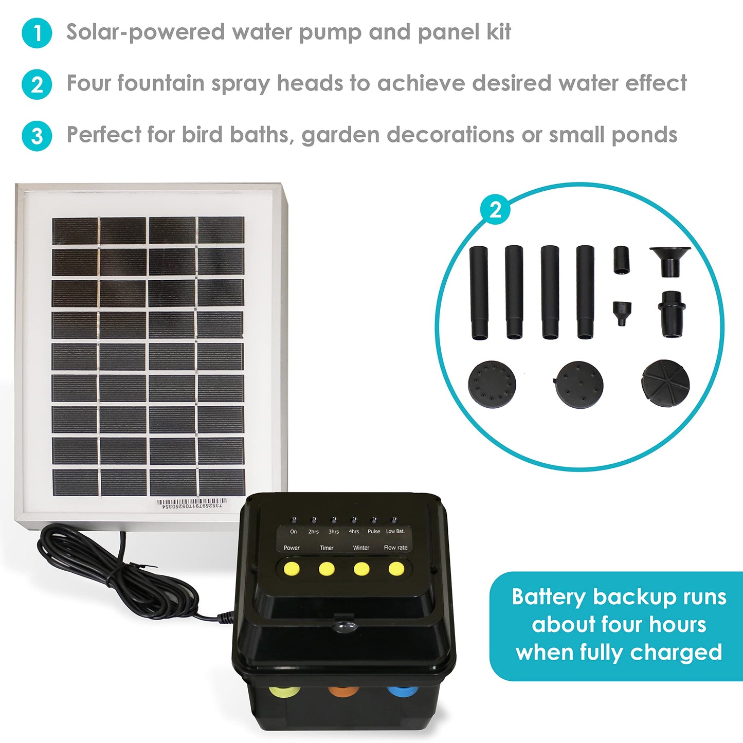 Sunnydaze 66 GPH Submersible Solar Water Pump - 36-Inch Lift - Solar Panel Kit with Battery Pack and LED Light for Fountains and Bird Baths