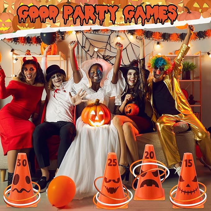 Leitee 6 Sets Candy Corn Ring Toss Game Plastic Cones Ring Toss Combo Set Mini Traffic Cones Toss Game for Sports Training Garden Backyard Outdoor Activities