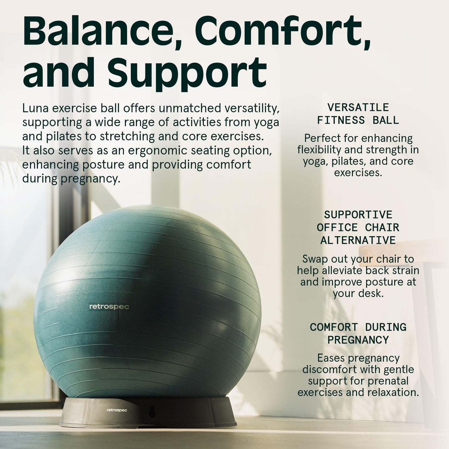 Retrospec Luna Exercise Ball with Pump - Anti-Burst Fitness Equipment for Yoga, Core Training & Stability - Home Gym Swiss Ball for Office & Pregnancy