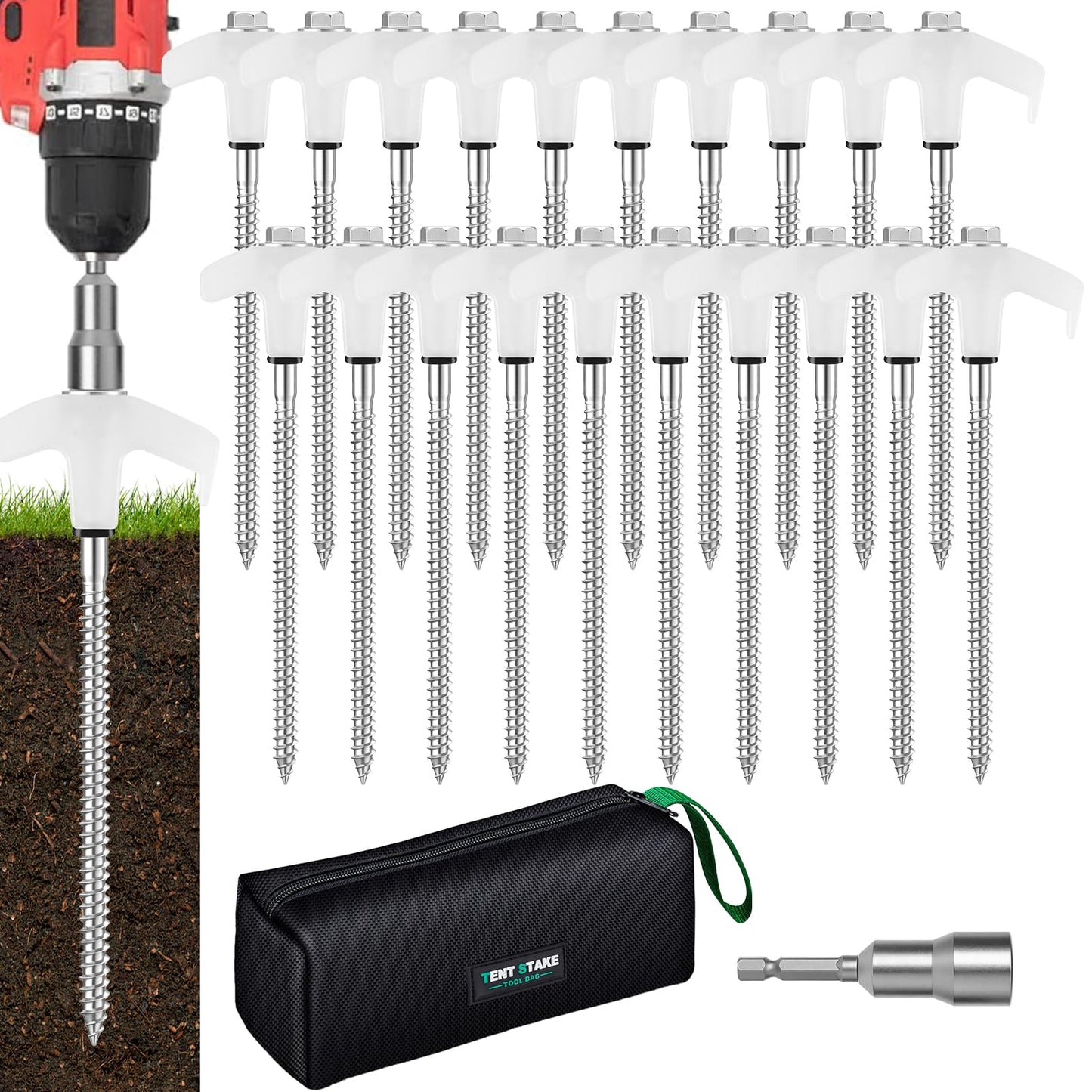 12 Pack 8" Heavy Duty Screw in Tent Stakes, Metal Camping Stakes, Drill-In Ground Anchor, Threaded Stakes for Canopies, Gardening, Yard Inflatables, with Hex Socket and Storage Bag (Luminous)