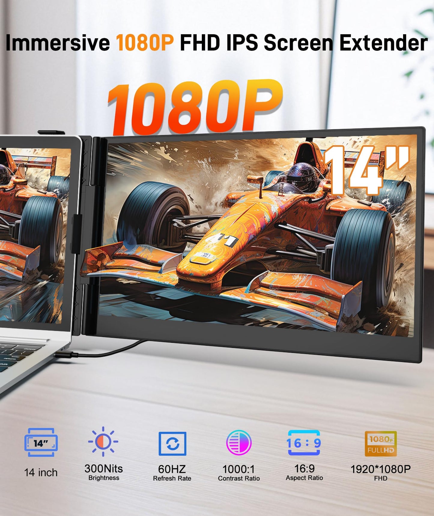 Wixzet Laptop Screen Extender, Ultra-Thin 14" FHD 1080P IPS Portable Monitor for 13"-17" Laptop, 1.3lbs Lightweight Dual Monitor Extender, Plug & Play for Wins/Mac/Android/Chrome