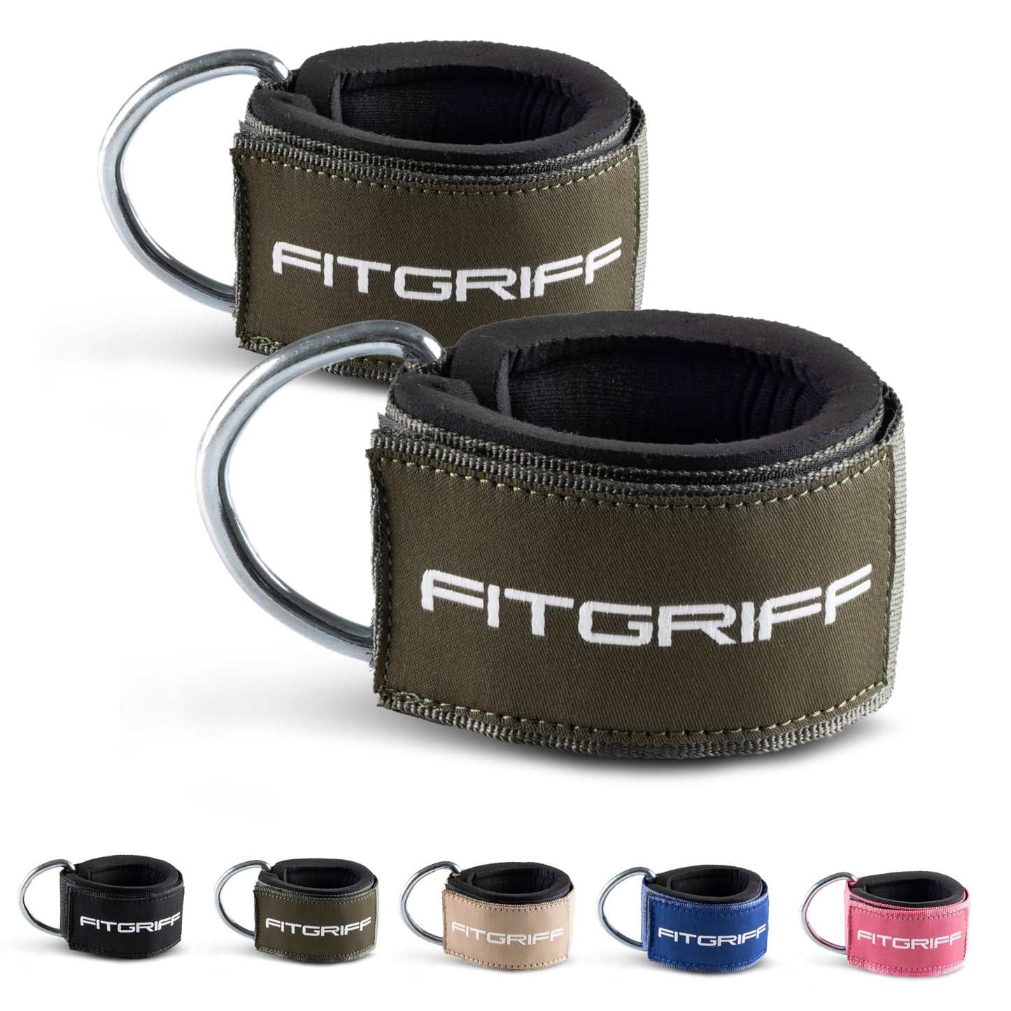 Fitgriff® Ankle Straps V2 for Cable Machine (2 Pieces) - Gym Workout Equipment - Leg Pulley Attachment, Kickback Straps (Army Green)