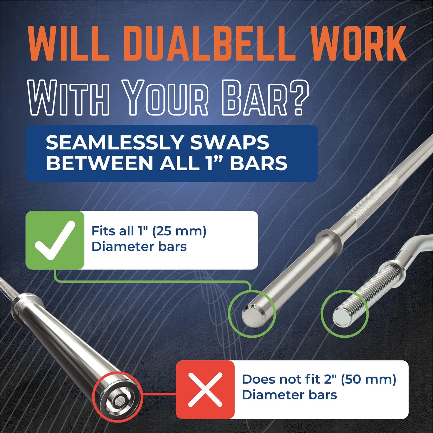 DUALBELL Dumbbell Converters- for 1" bars- hold up to 500lbs- Dumbbell to Barbell Adapters - Connect dumbbells to a 1" (25mm) standard diameter bar to use in place of weight plates, (Blue)