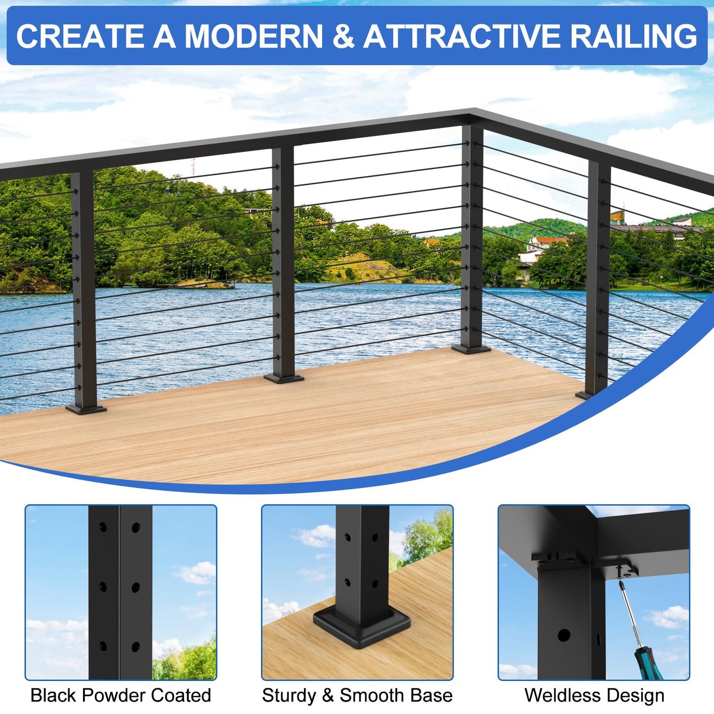 PLANTOP 36" Cable Railing Corner Post(Post 35"x2"x2"), 2 Pack 90° L-Drilled Flat Top Corner Post, Stainless Steel Black Surface Mount Deck Cable Railing Post for Indoor Outdoor, MY08-C