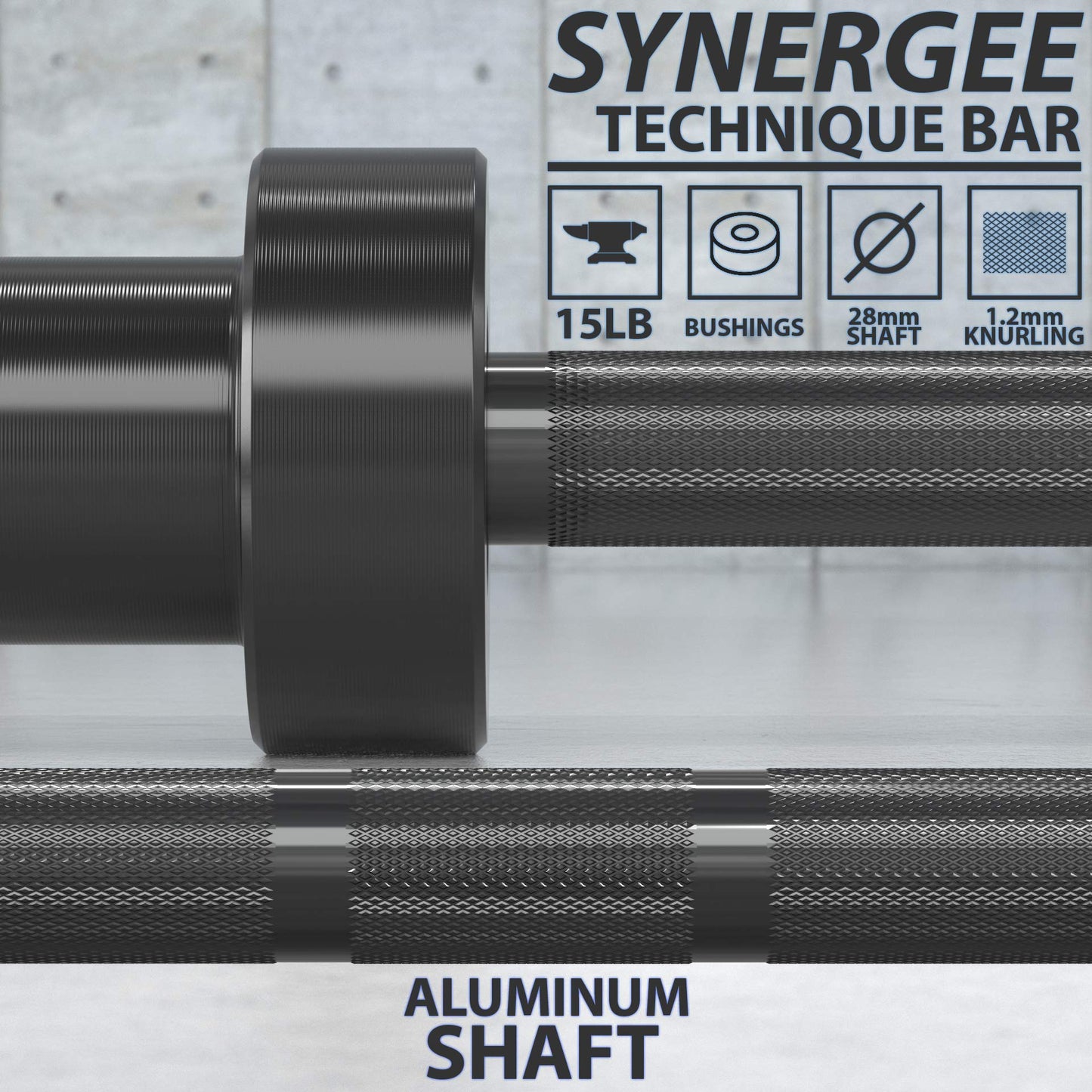 Synergee 15lb Technique Barbell Black Aluminum Bar for Form & Technique Training for Power & Olympic Lifting.