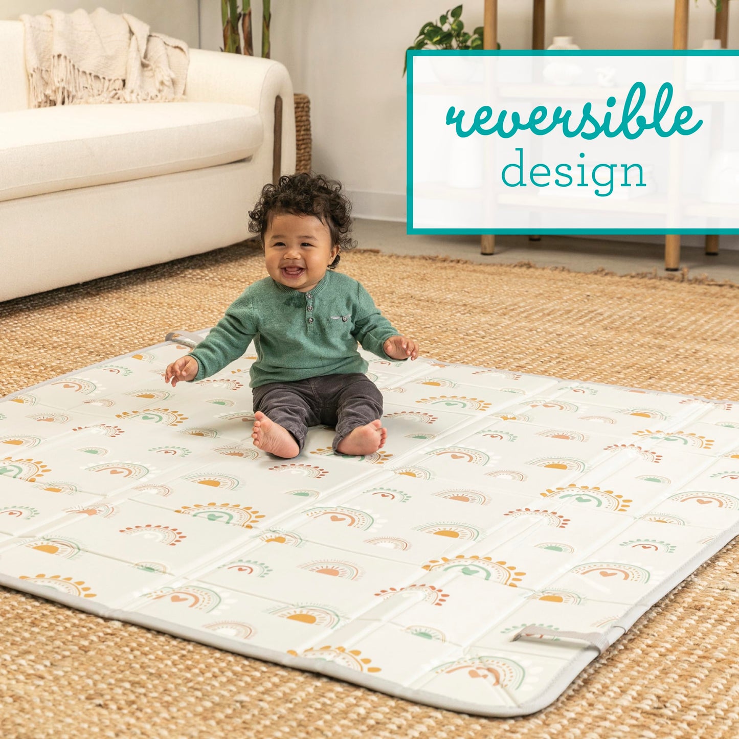 Infantino Foldable Soft Foam Play Mat, Reversible 57x57” Baby Mat for Floor Time, Lightweight, Portable & Easy to Store, Water Resistant, Wipeable, Rainbows