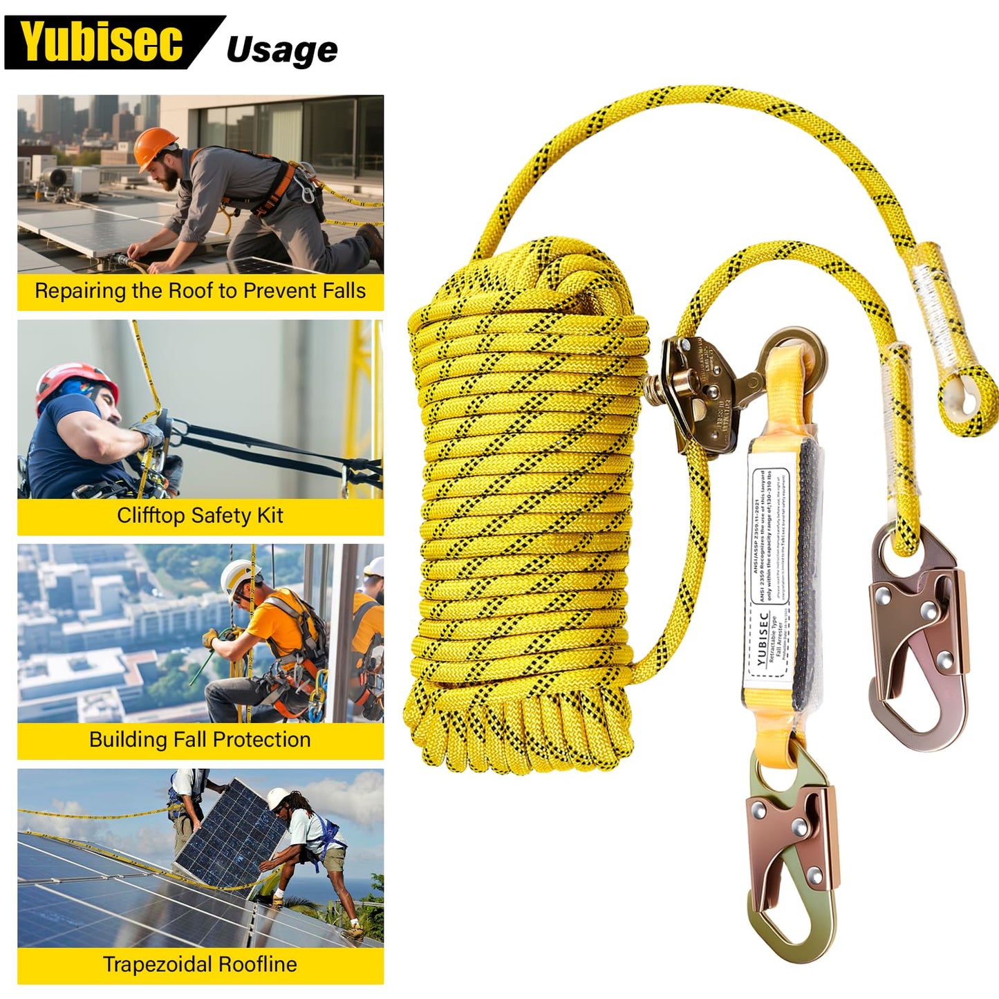 Yubisec Rope Harness Safety Lanyard 25FT, Vertical Lifeline Assembly with Grab Snap Hooks Shock Absorber, Fall Protection Tree Climbing Lifeline Kit, Heavy Duty Roof Safety Equipment ANSI CE