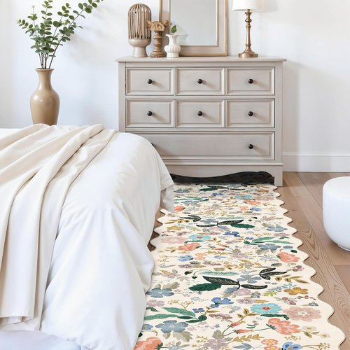Hallway Floral Runner Rug - Washable Scalloped Soft Carpet with Non-Slip Backing | 2'6"x14", Cream