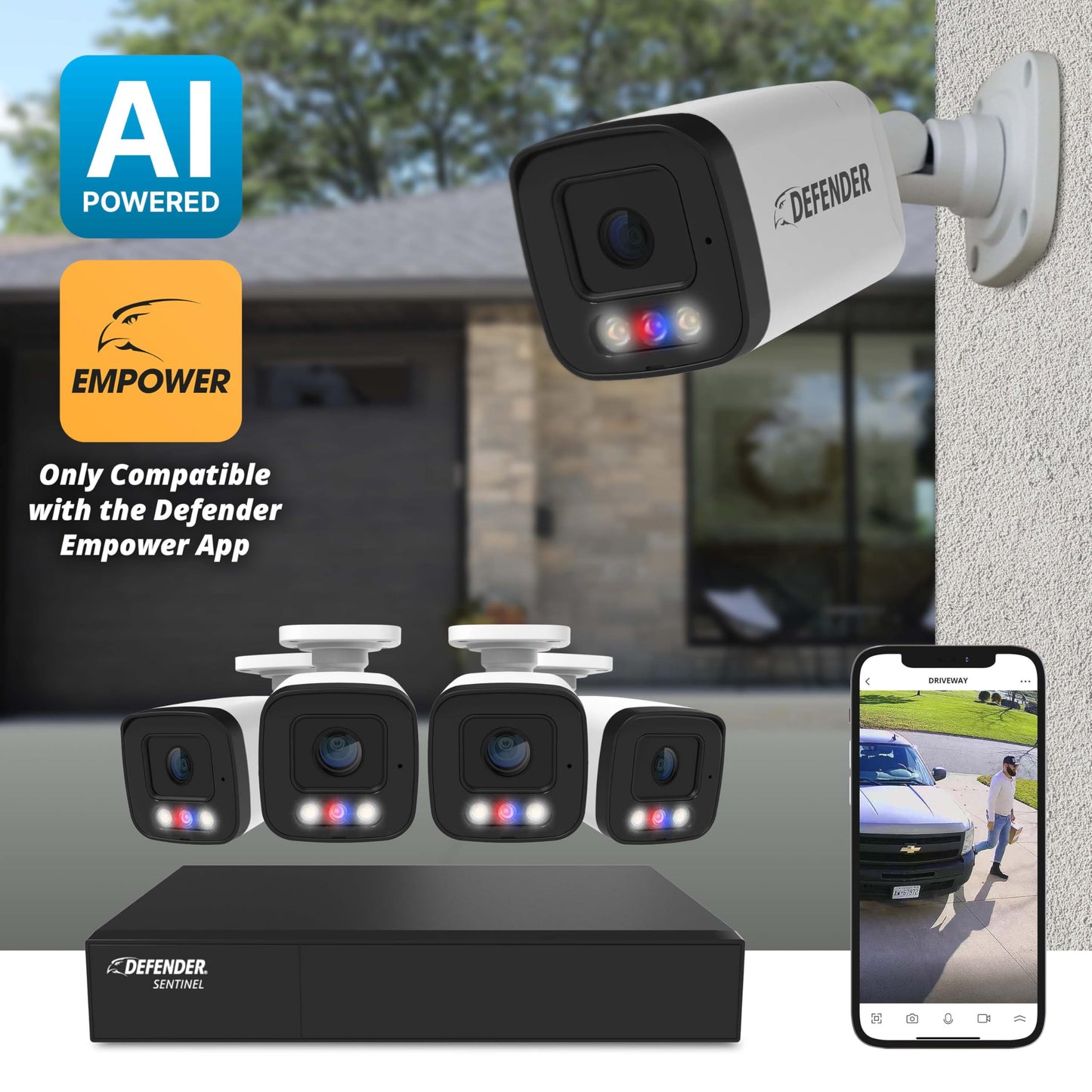 Defender AI Powered Sentinel Pro Turret 8CH NVR PoE Security Camera System, 4pc Metal Turret Cameras, 109° Wide Angle, IP66 Rated, Audio Recording, Web Viewing, 1TB HDD, Works w/Empower App