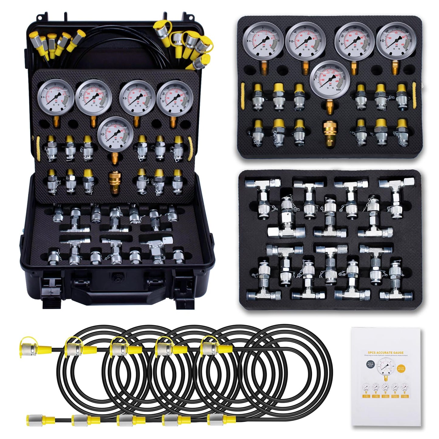 GRYVOZE Hydraulic Pressure Test Kit with 5 Gauges(Max 10000 PSI), 13 Test Couplings 14 Tee Connectors 5 Test Hoses, Hydraulic Gauge Tester Set for Excavator, Construction, Machinery, and Mine
